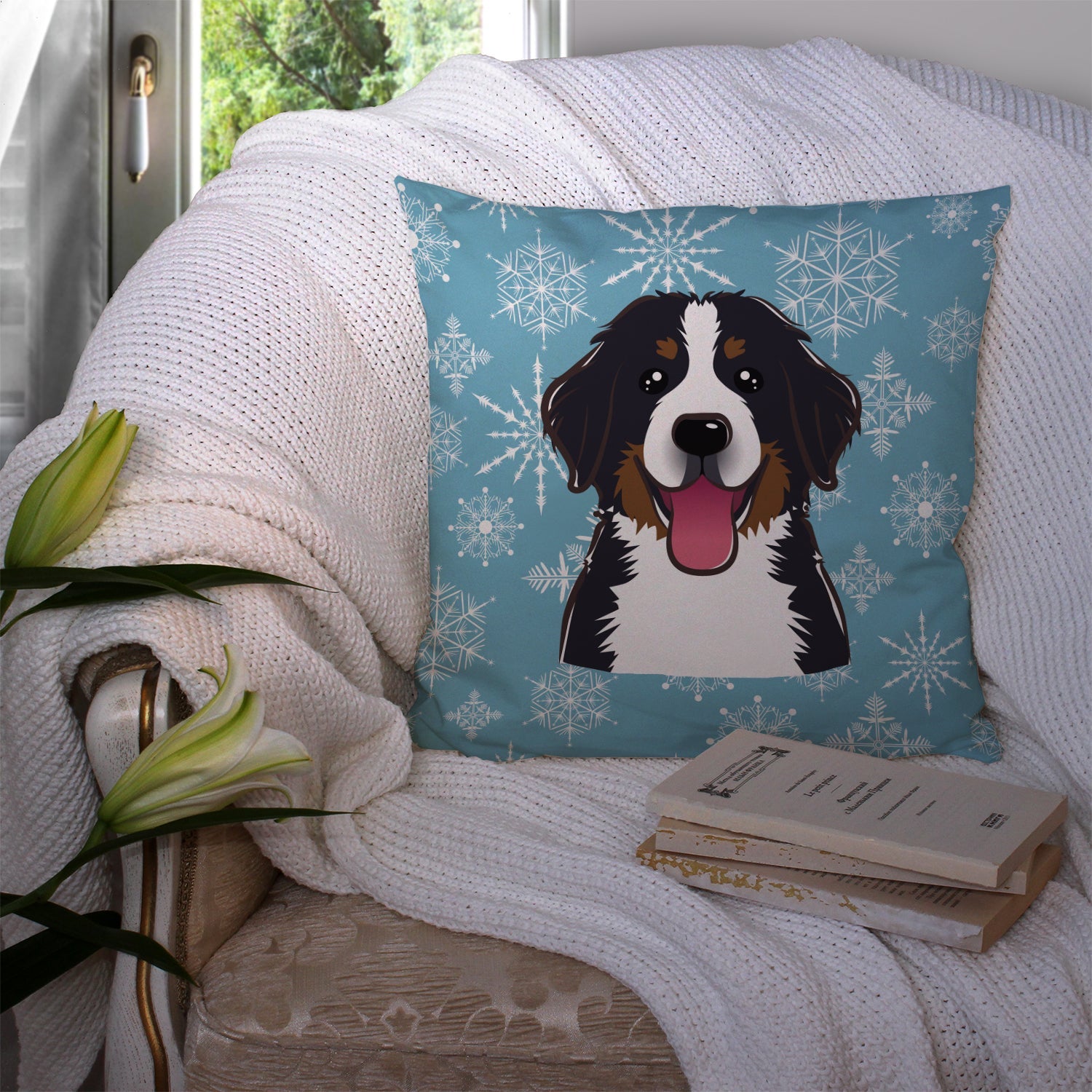 Snowflake Bernese Mountain Dog Decorative Throw Pillow 14x14 Indoor Outdoor Accent Cushion, Fabric Cover with Insert for Sofa, Bed, Porch & Living Room