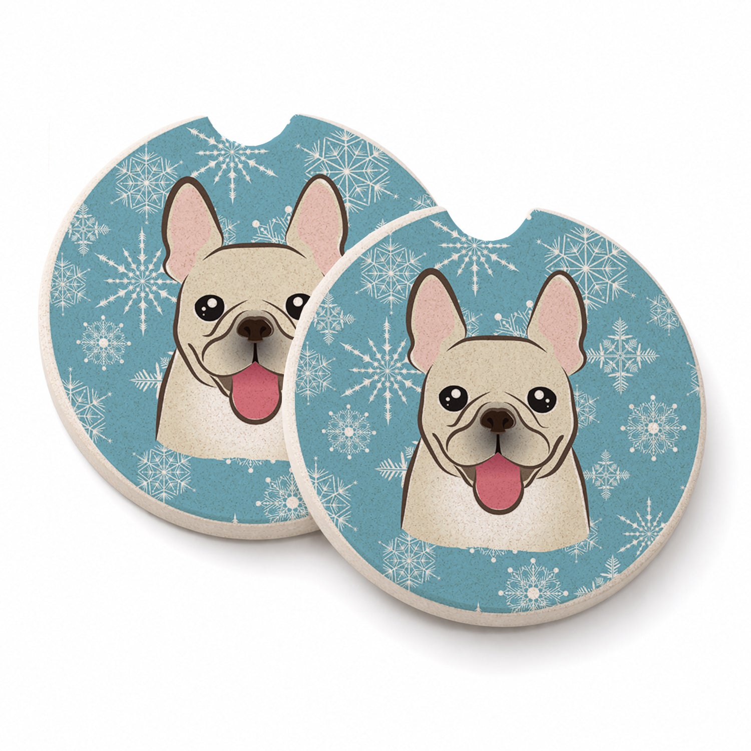 Snowflake French Bulldog Set of 2 Cup Holder Car Coasters Absorbent Round Sandstone Coasters Gifts for Men or Women, 2.5, Multicolor
