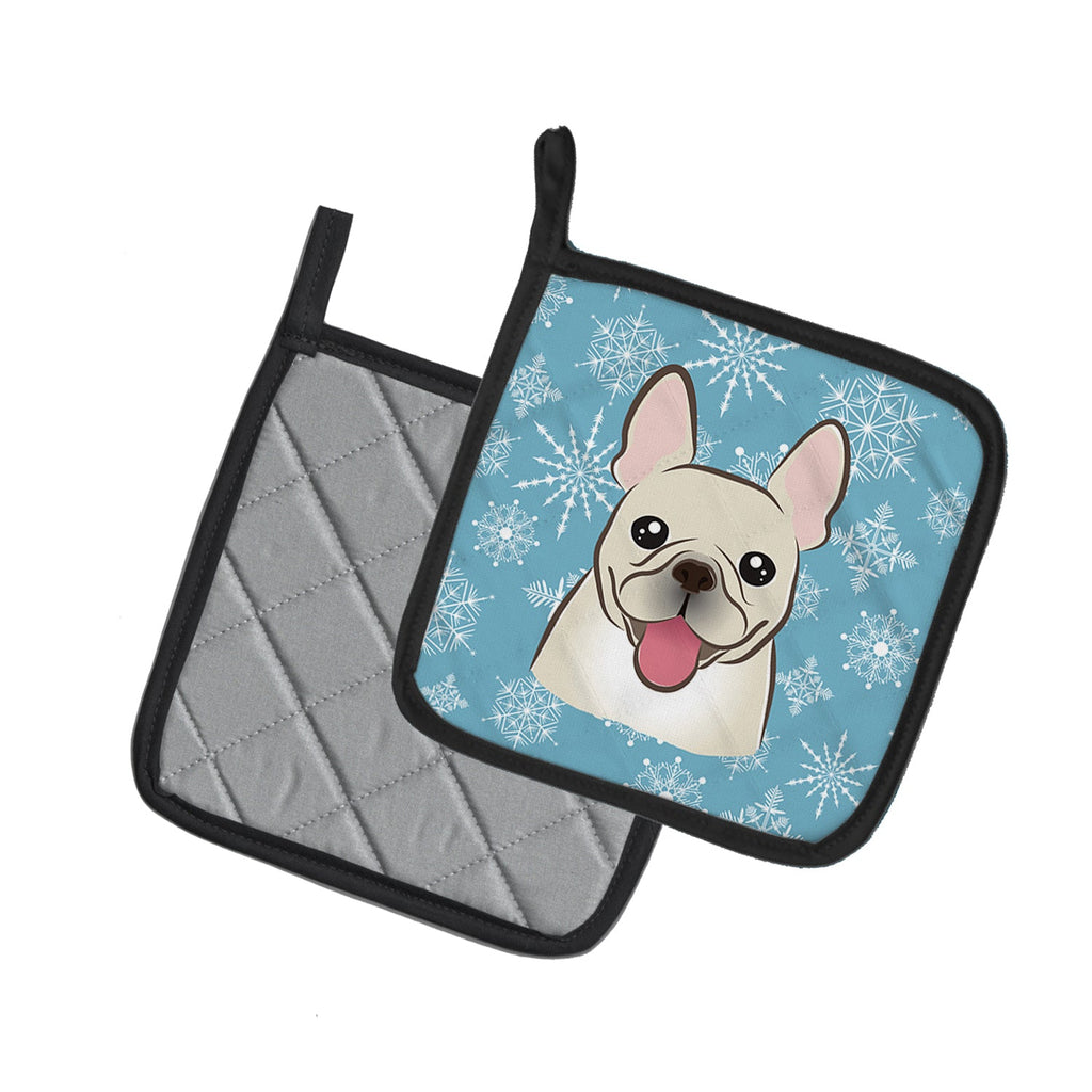 Snowflake French Bulldog Pot Holder Set of 2 Heat Resistant Quilted Hot Pads 7.5 x 7.5 Inch, Insulated Kitchen Trivets for Cooking & Baking
