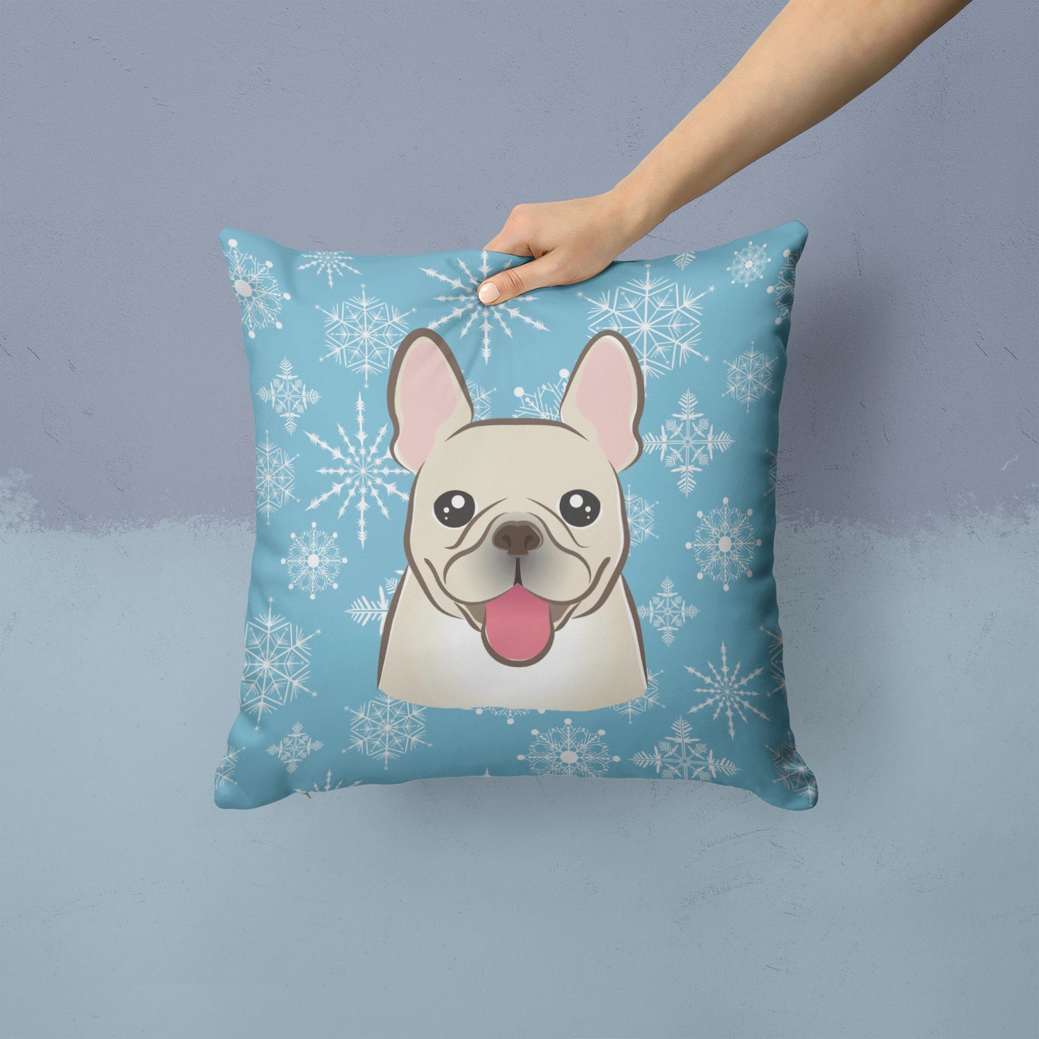 Snowflake French Bulldog Decorative Throw Pillow 14x14 Indoor Outdoor Accent Cushion, Fabric Cover with Insert for Sofa, Bed, Porch & Living Room