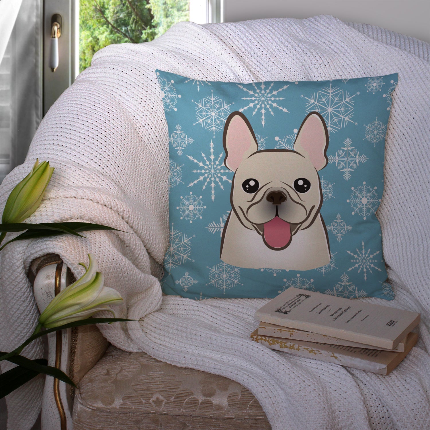 Snowflake French Bulldog Decorative Throw Pillow 14x14 Indoor Outdoor Accent Cushion, Fabric Cover with Insert for Sofa, Bed, Porch & Living Room
