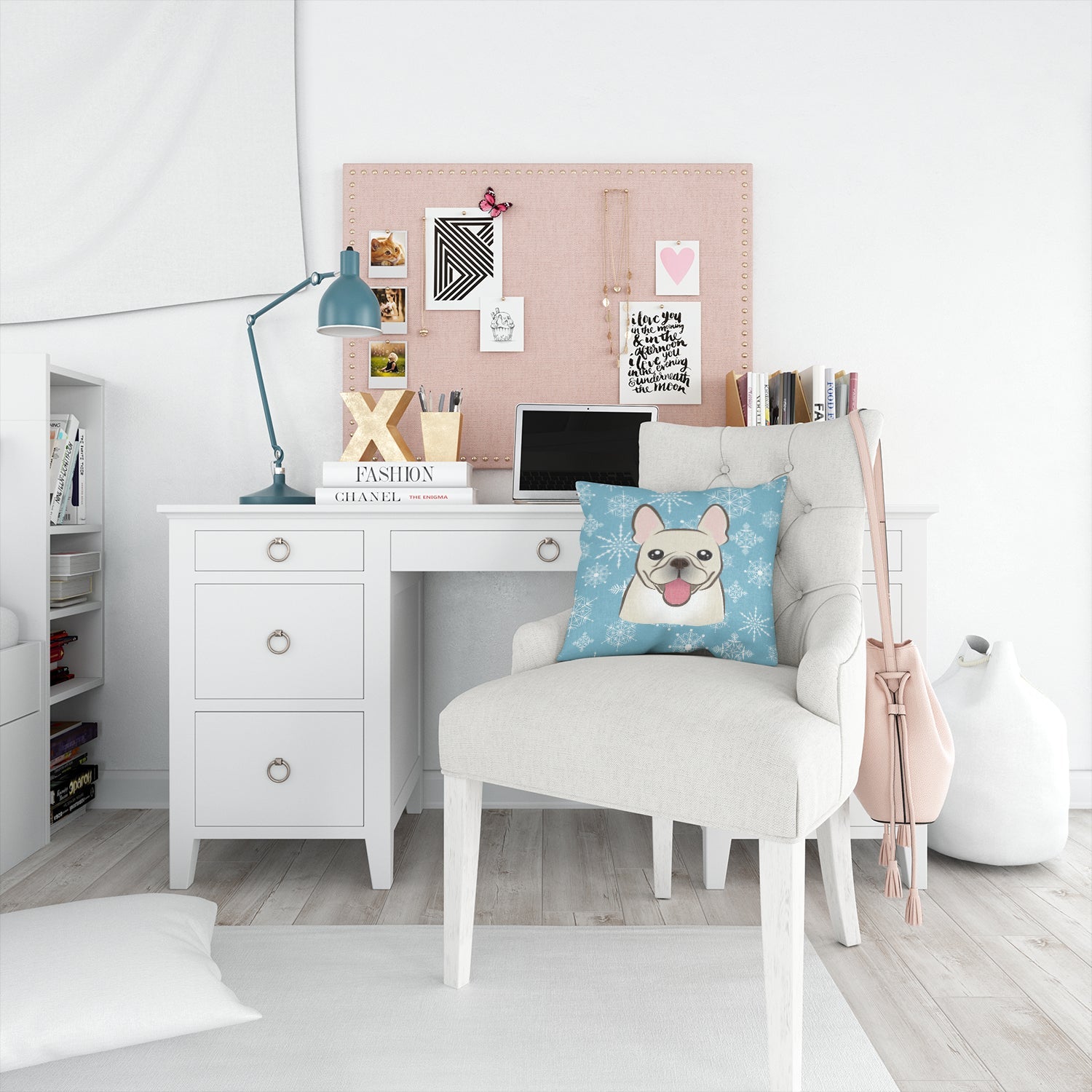 Snowflake French Bulldog Decorative Throw Pillow 14x14 Indoor Outdoor Accent Cushion, Fabric Cover with Insert for Sofa, Bed, Porch & Living Room