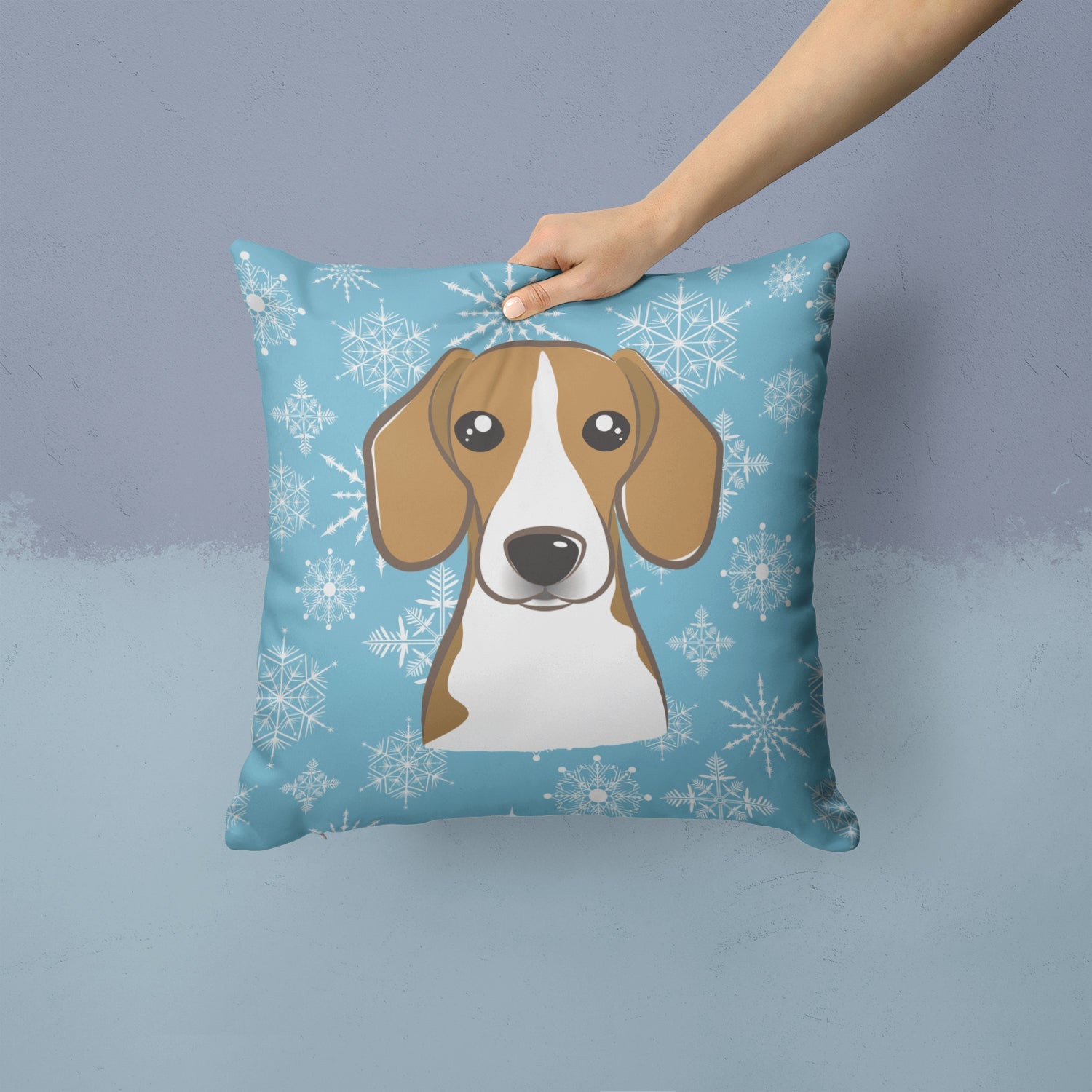 Snowflake Beagle Decorative Throw Pillow 14x14 Indoor Outdoor Accent Cushion, Fabric Cover with Insert for Sofa, Bed, Porch & Living Room