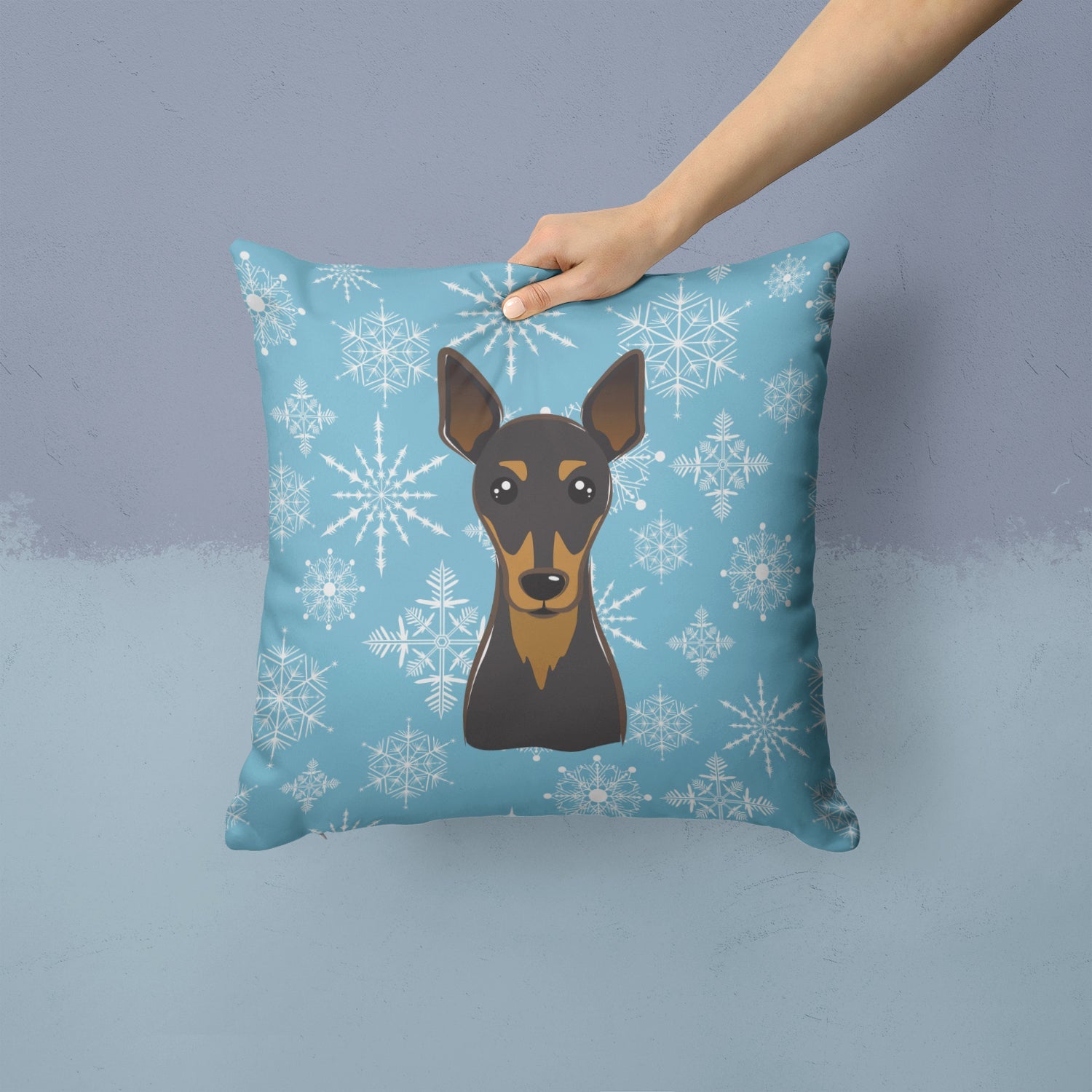 Snowflake Min Pin Decorative Throw Pillow 14x14 Indoor Outdoor Accent Cushion, Fabric Cover with Insert for Sofa, Bed, Porch & Living Room