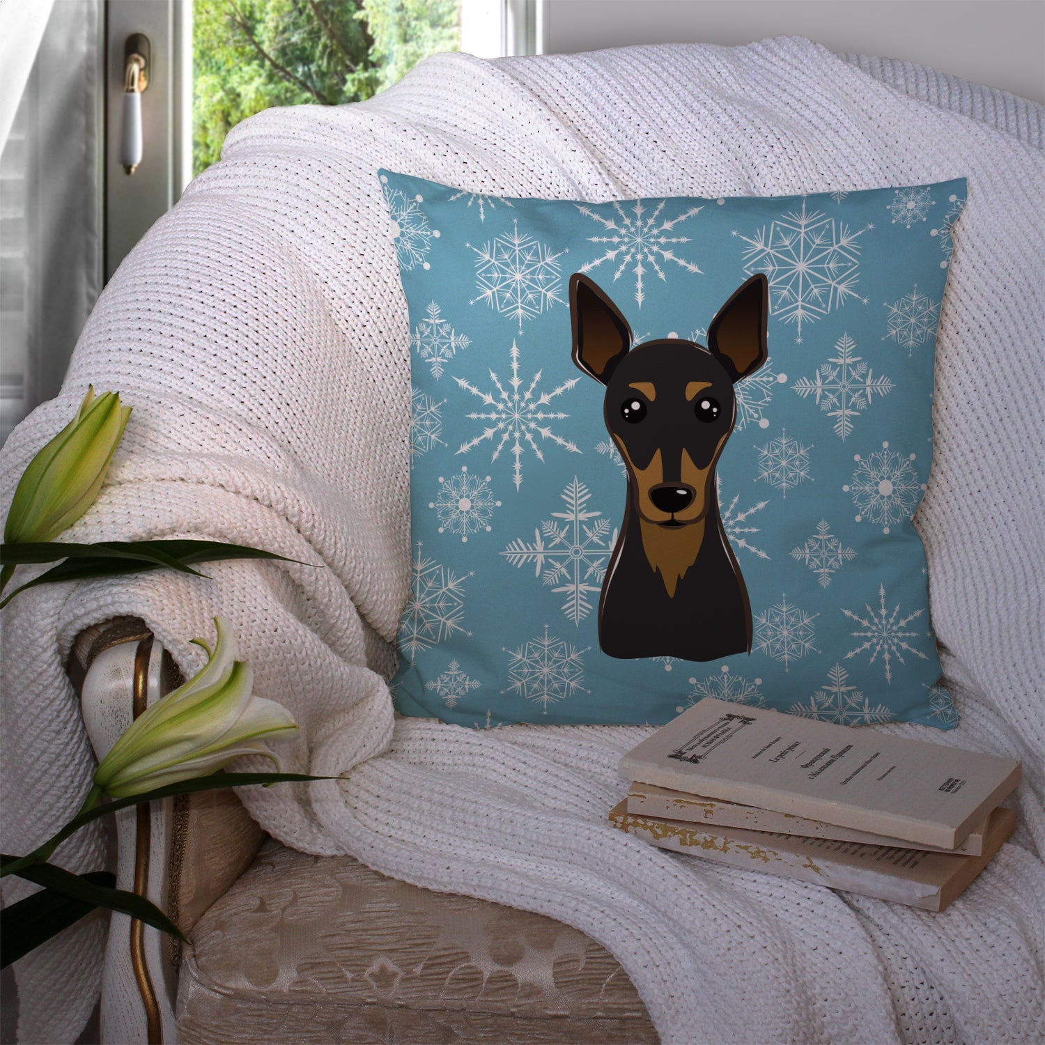 Snowflake Min Pin Decorative Throw Pillow 14x14 Indoor Outdoor Accent Cushion, Fabric Cover with Insert for Sofa, Bed, Porch & Living Room