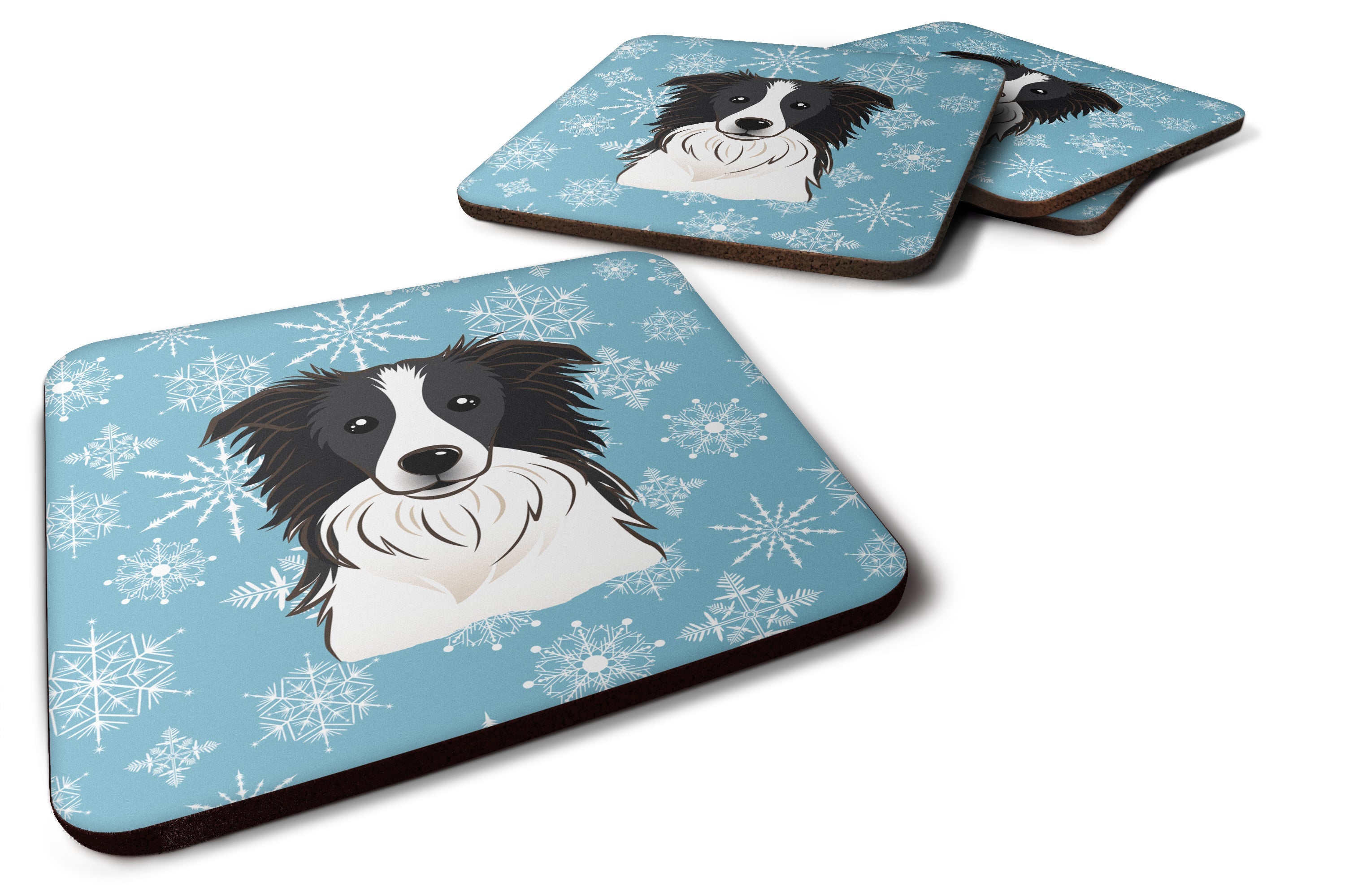 Snowflake Border Collie Foam Coasters Set of 4 Cup Coasters for Indoor Outdoor, Tabletop Protection, Anti Slip, Mouse pad Material