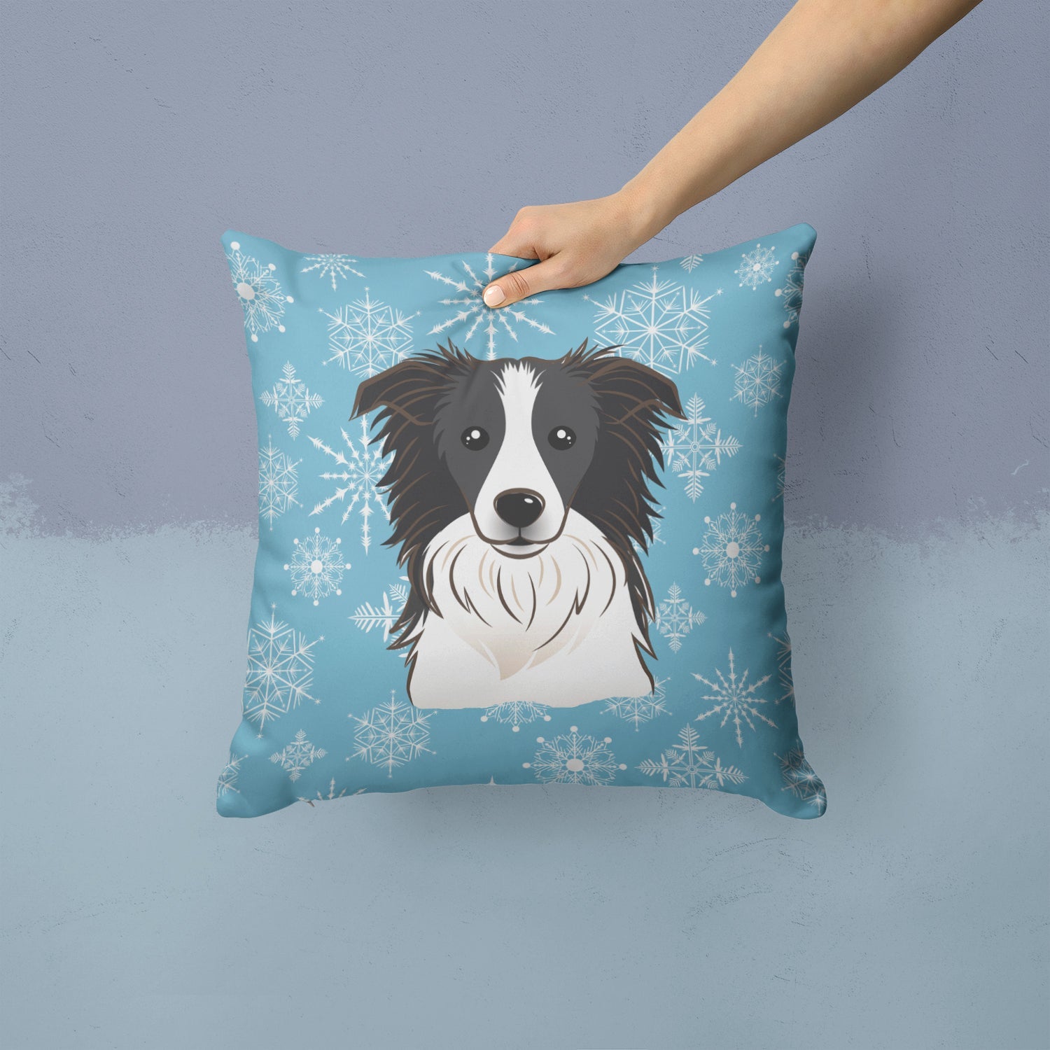 Snowflake Border Collie Decorative Throw Pillow 14x14 Indoor Outdoor Accent Cushion, Fabric Cover with Insert for Sofa, Bed, Porch & Living Room