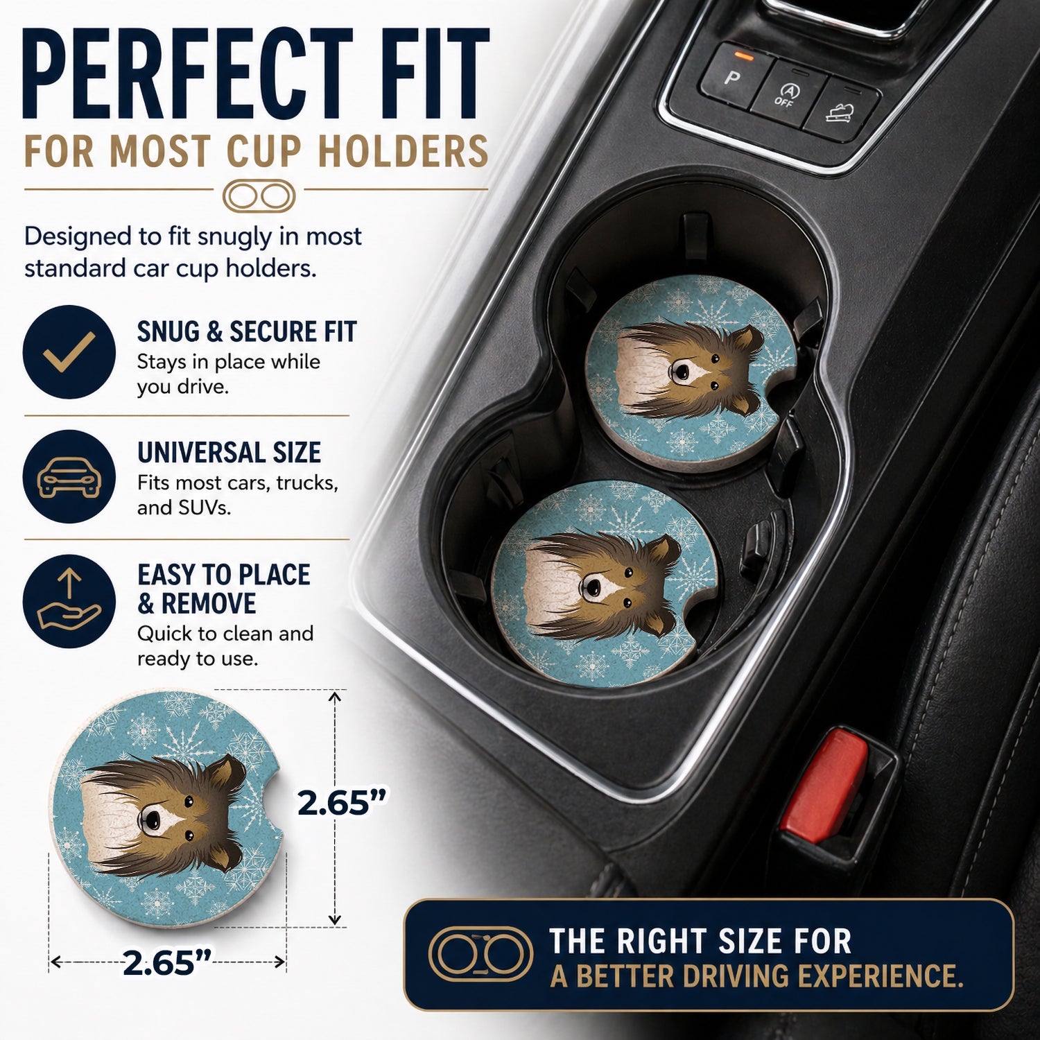 Snowflake Sheltie Set of 2 Cup Holder Car Coasters Absorbent Round Sandstone Coasters Gifts for Men or Women, 2.5, Multicolor