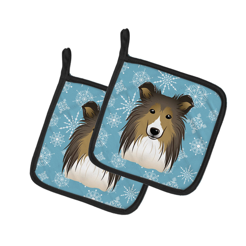 Snowflake Sheltie Pot Holder Set of 2 Heat Resistant Quilted Hot Pads 7.5 x 7.5 Inch, Insulated Kitchen Trivets for Cooking & Baking