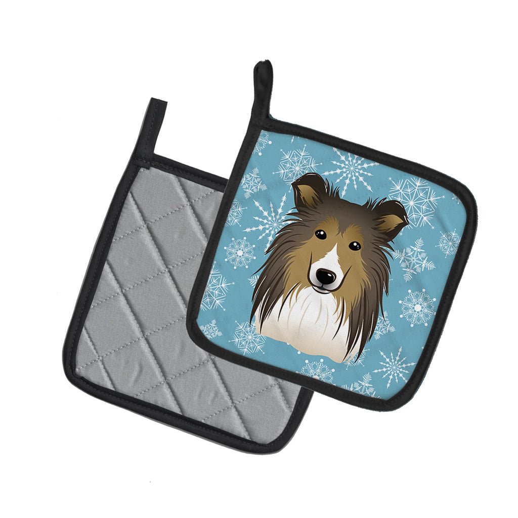 Snowflake Sheltie Pot Holder Set of 2 Heat Resistant Quilted Hot Pads 7.5 x 7.5 Inch, Insulated Kitchen Trivets for Cooking & Baking