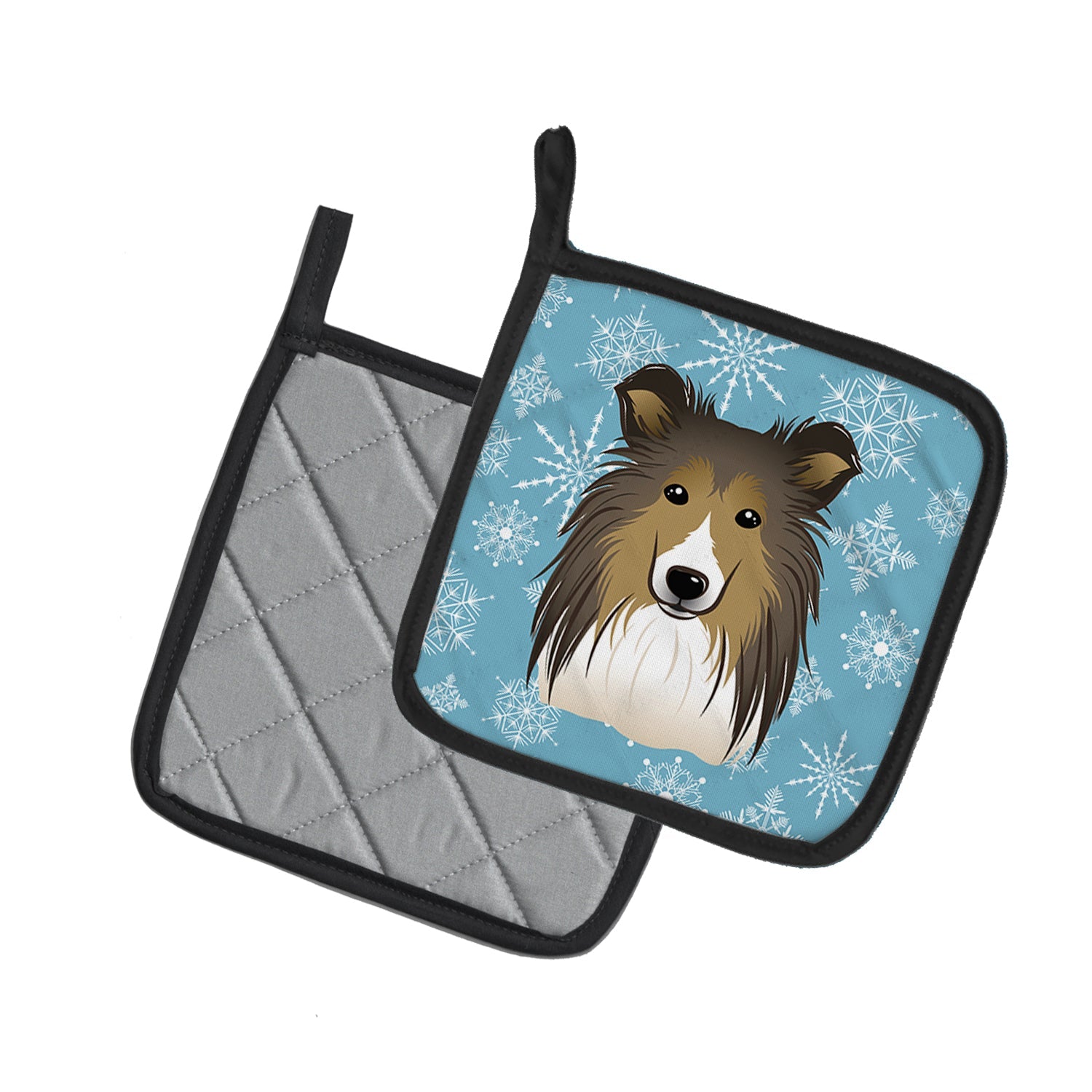 Snowflake Sheltie Pot Holder Set of 2 Heat Resistant Quilted Hot Pads 7.5 x 7.5 Inch, Insulated Kitchen Trivets for Cooking & Baking