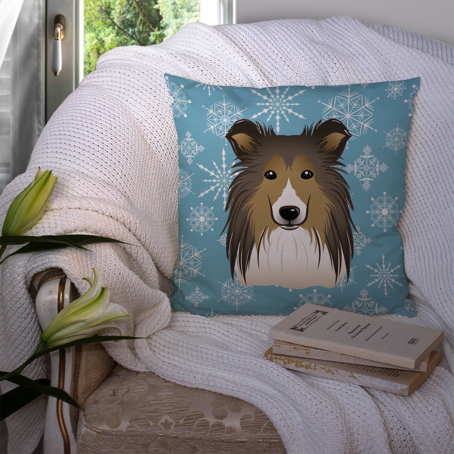 Snowflake Sheltie Decorative Throw Pillow 14x14 Indoor Outdoor Accent Cushion, Fabric Cover with Insert for Sofa, Bed, Porch & Living Room