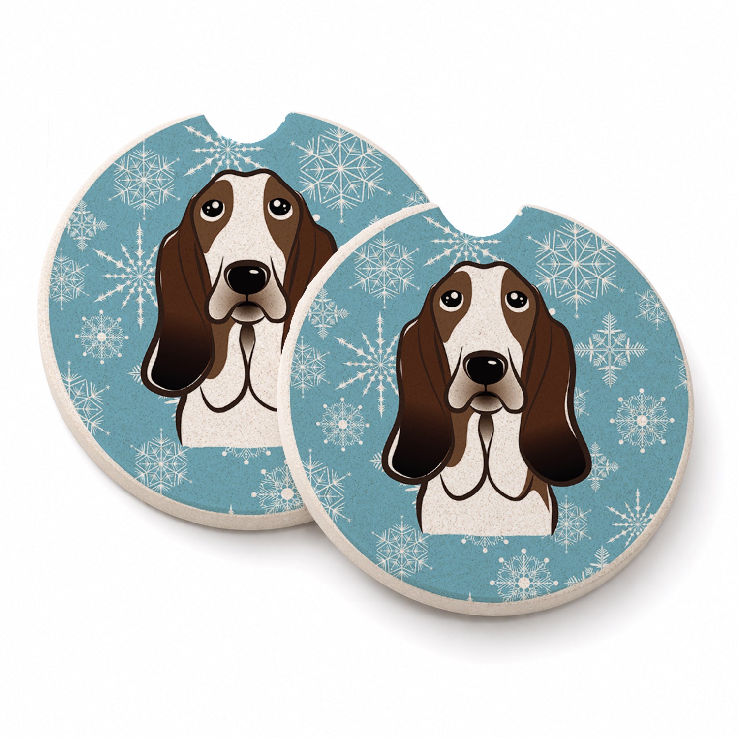 Snowflake Basset Hound Set of 2 Cup Holder Car Coasters Absorbent Round Sandstone Coasters Gifts for Men or Women, 2.5, Multicolor