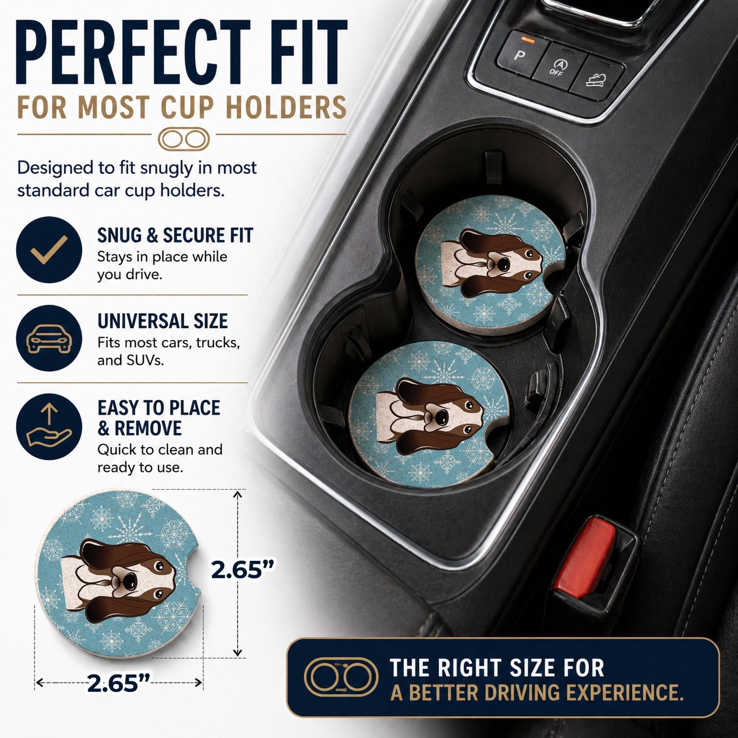 Snowflake Basset Hound Set of 2 Cup Holder Car Coasters Absorbent Round Sandstone Coasters Gifts for Men or Women, 2.5, Multicolor