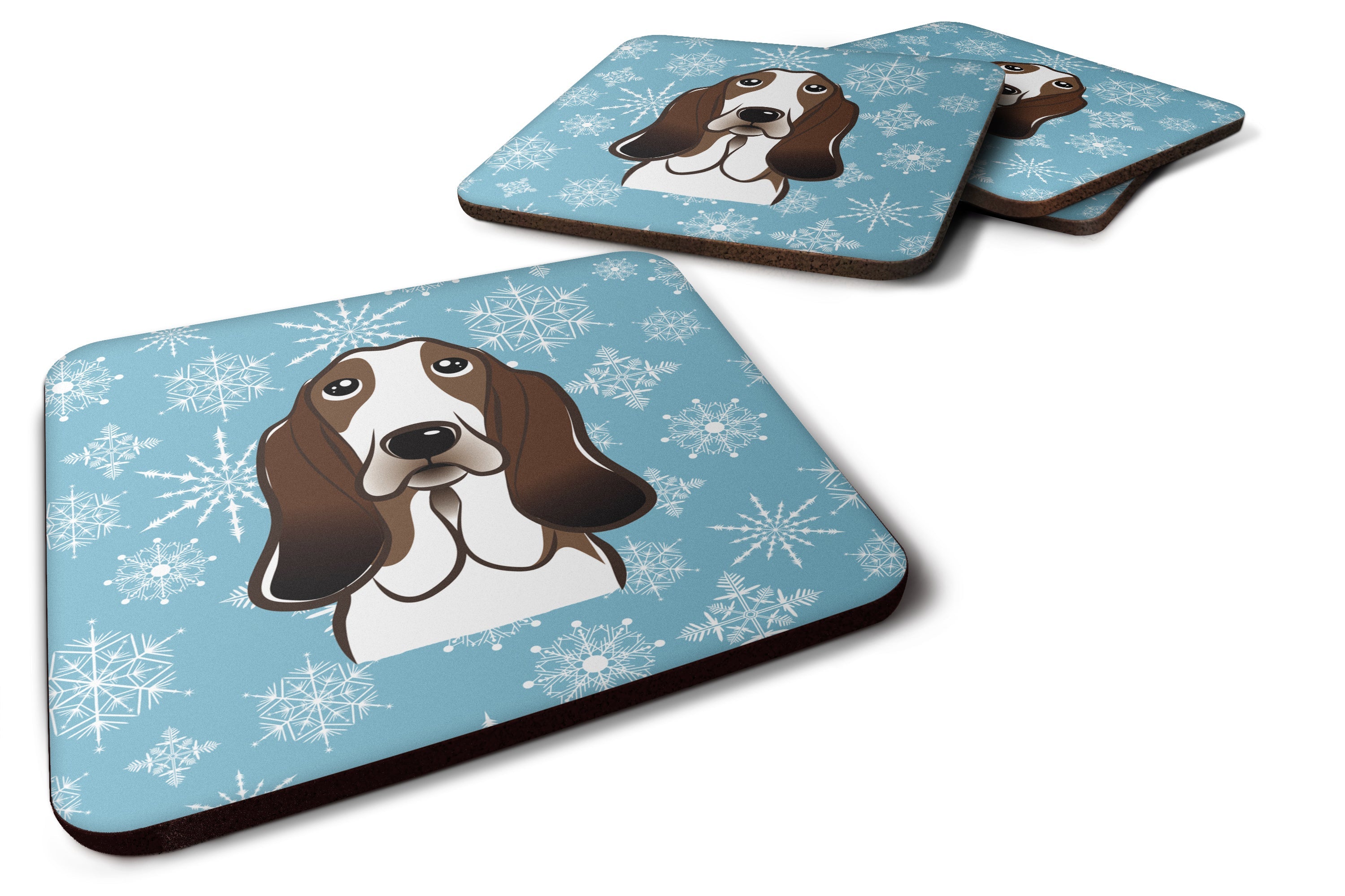 Snowflake Basset Hound Foam Coasters Set of 4 Cup Coasters for Indoor Outdoor, Tabletop Protection, Anti Slip, Mouse pad Material