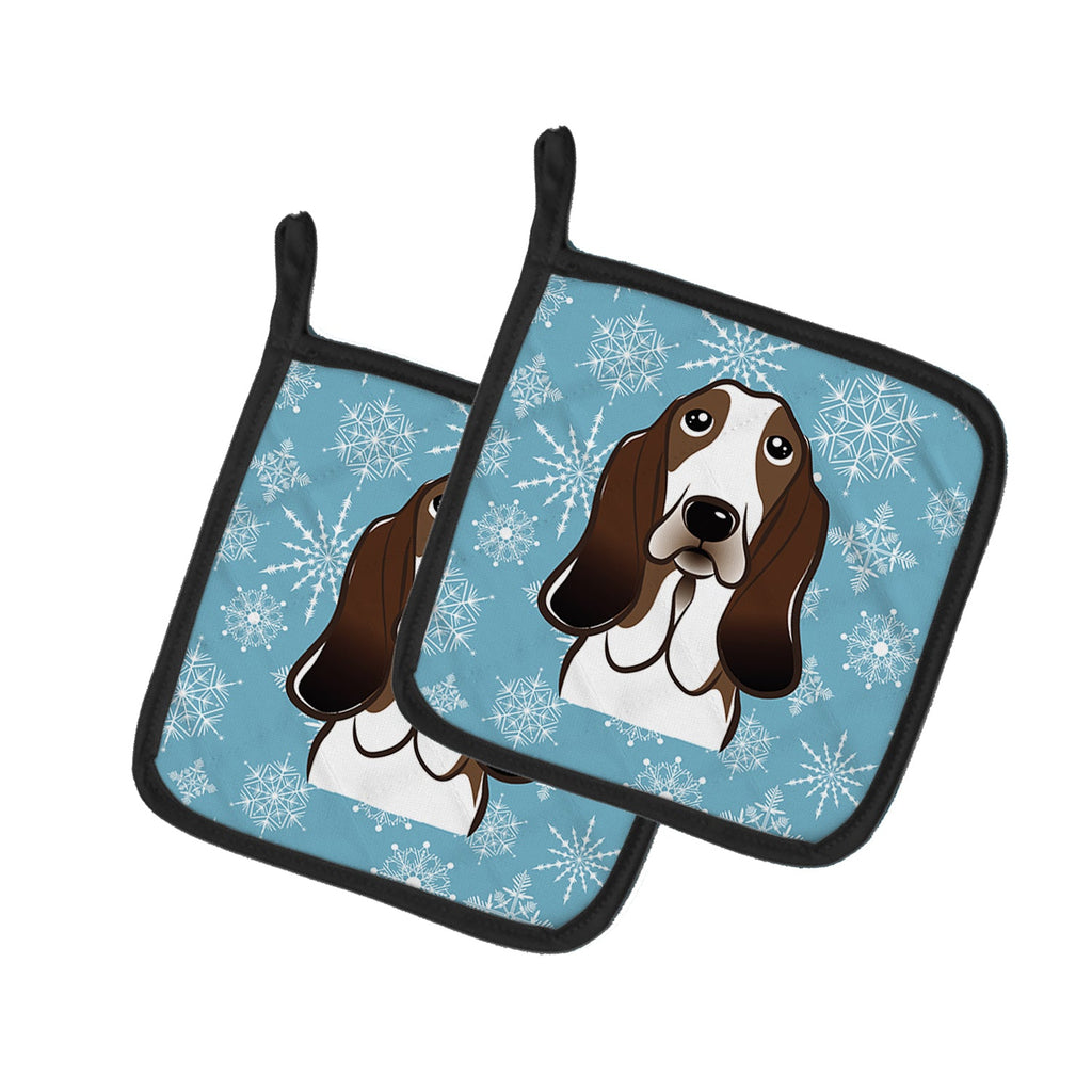 Snowflake Basset Hound Pot Holder Set of 2 Heat Resistant Quilted Hot Pads 7.5 x 7.5 Inch, Insulated Kitchen Trivets for Cooking & Baking