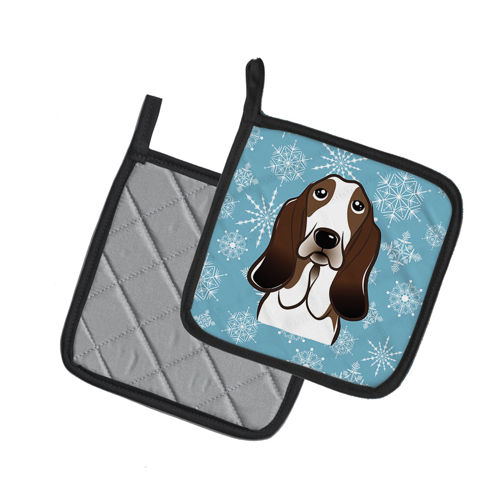 Snowflake Basset Hound Pot Holder Set of 2 Heat Resistant Quilted Hot Pads 7.5 x 7.5 Inch, Insulated Kitchen Trivets for Cooking & Baking