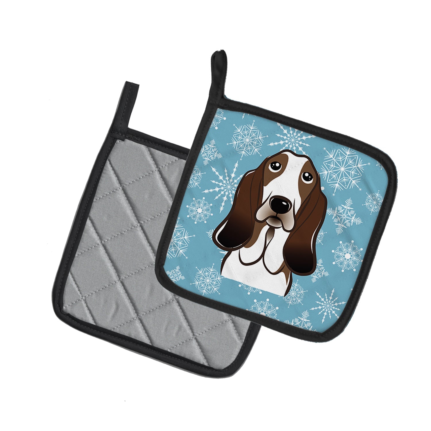 Snowflake Basset Hound Pot Holder Set of 2 Heat Resistant Quilted Hot Pads 7.5 x 7.5 Inch, Insulated Kitchen Trivets for Cooking & Baking