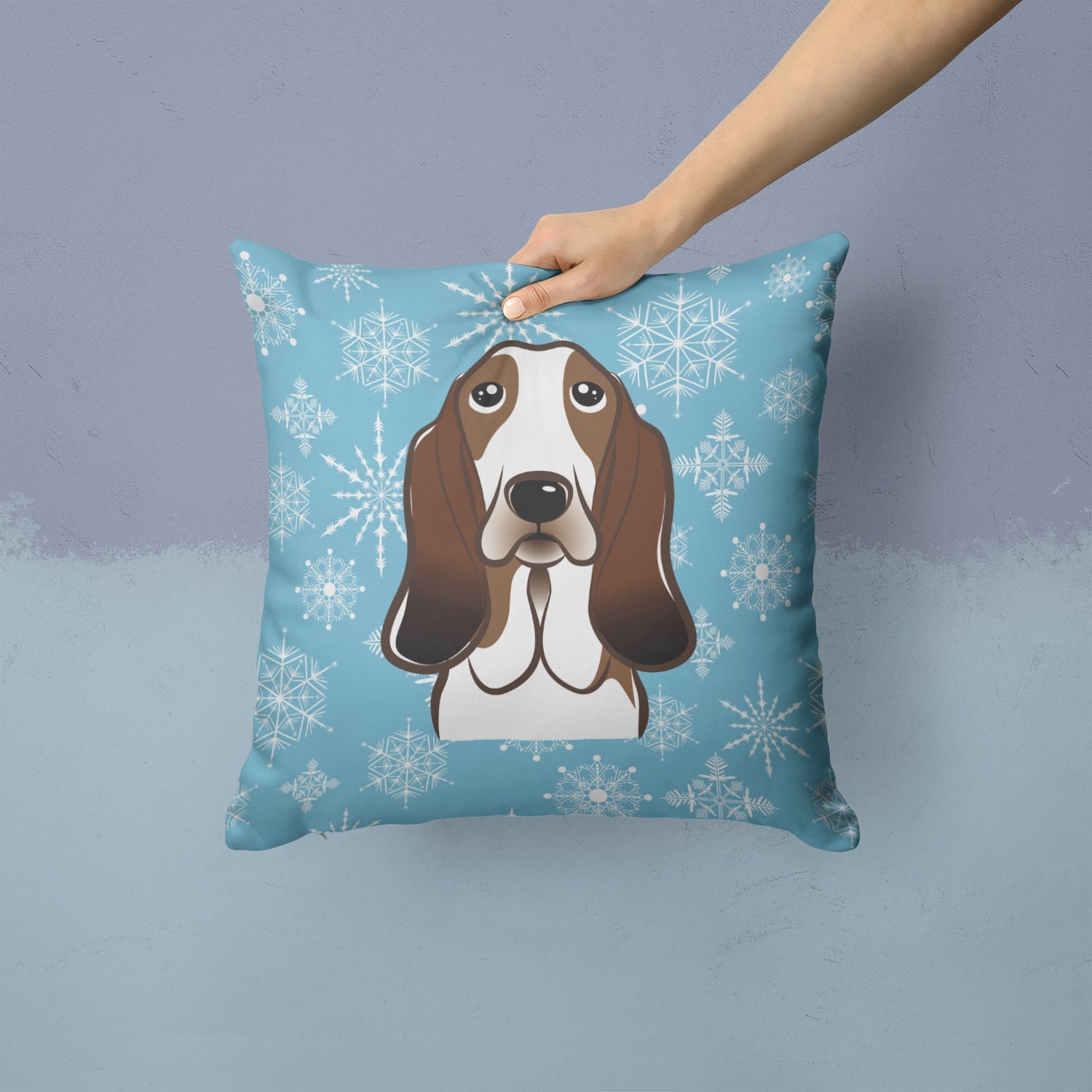 Snowflake Basset Hound Decorative Throw Pillow 14x14 Indoor Outdoor Accent Cushion, Fabric Cover with Insert for Sofa, Bed, Porch & Living Room