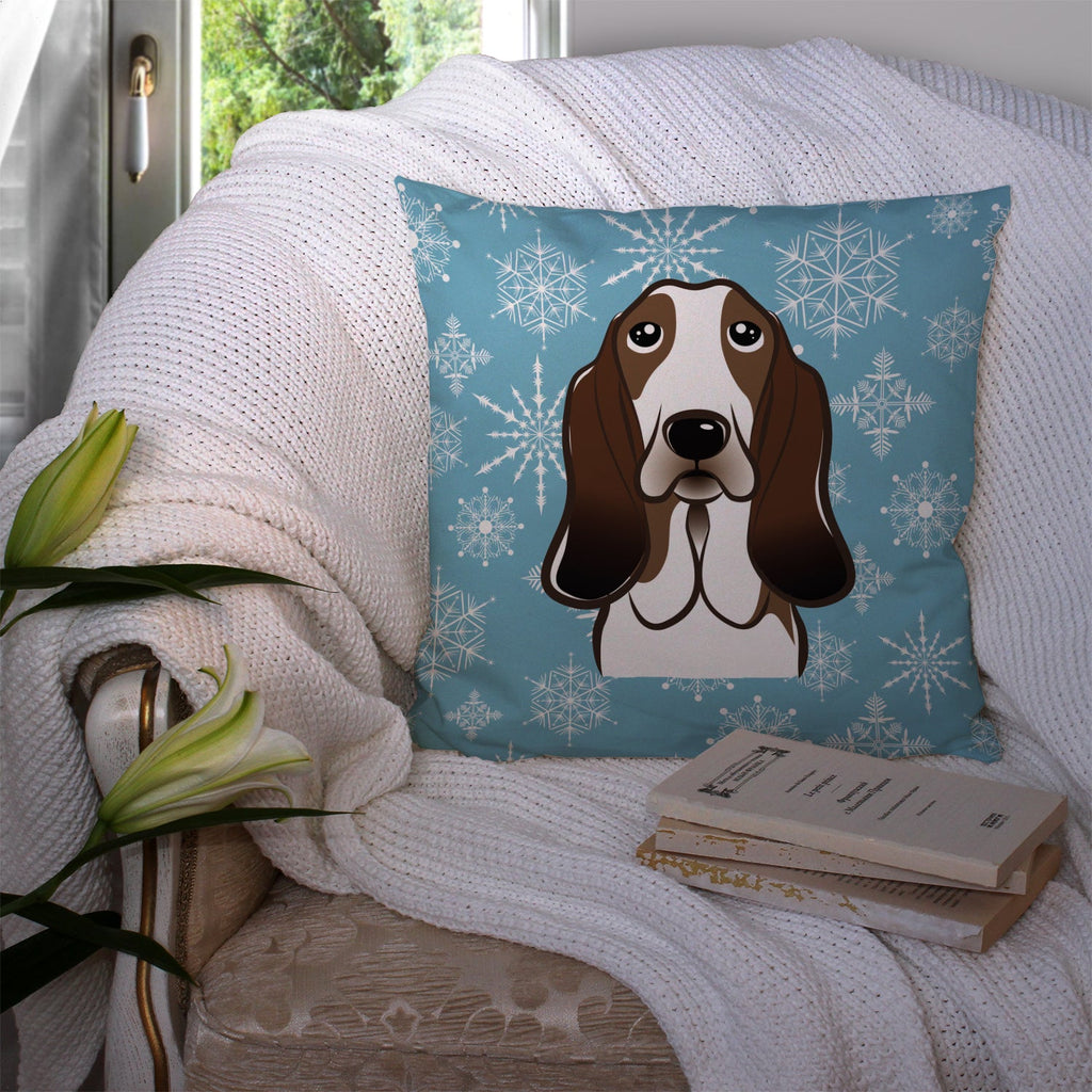 Snowflake Basset Hound Decorative Throw Pillow 14x14 Indoor Outdoor Accent Cushion, Fabric Cover with Insert for Sofa, Bed, Porch & Living Room