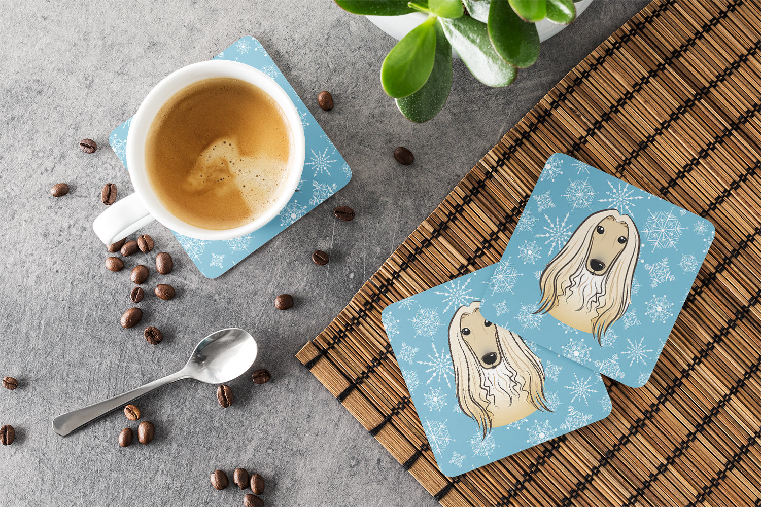 Snowflake Afghan Hound Foam Coasters Set of 4 Cup Coasters for Indoor Outdoor, Tabletop Protection, Anti Slip, Mouse pad Material