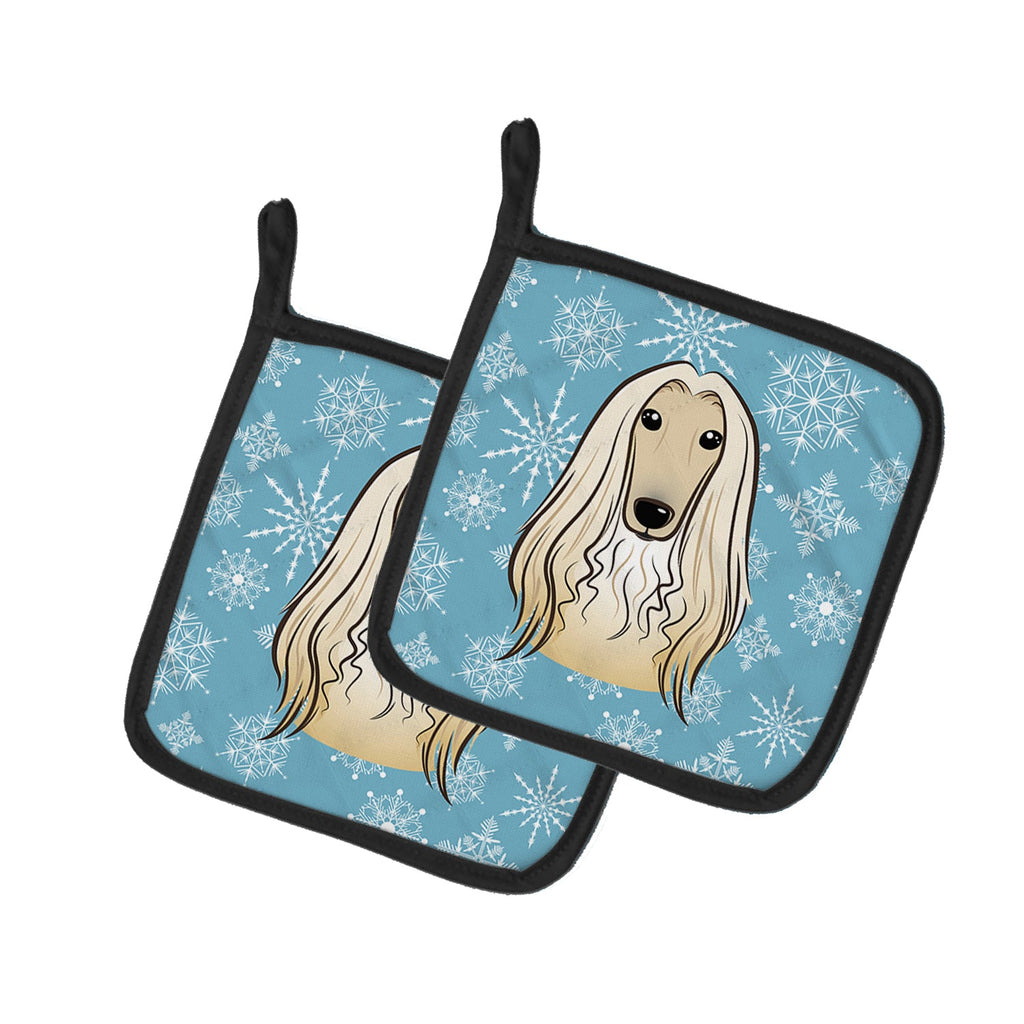 Snowflake Afghan Hound Pot Holder Set of 2 Heat Resistant Quilted Hot Pads 7.5 x 7.5 Inch, Insulated Kitchen Trivets for Cooking & Baking