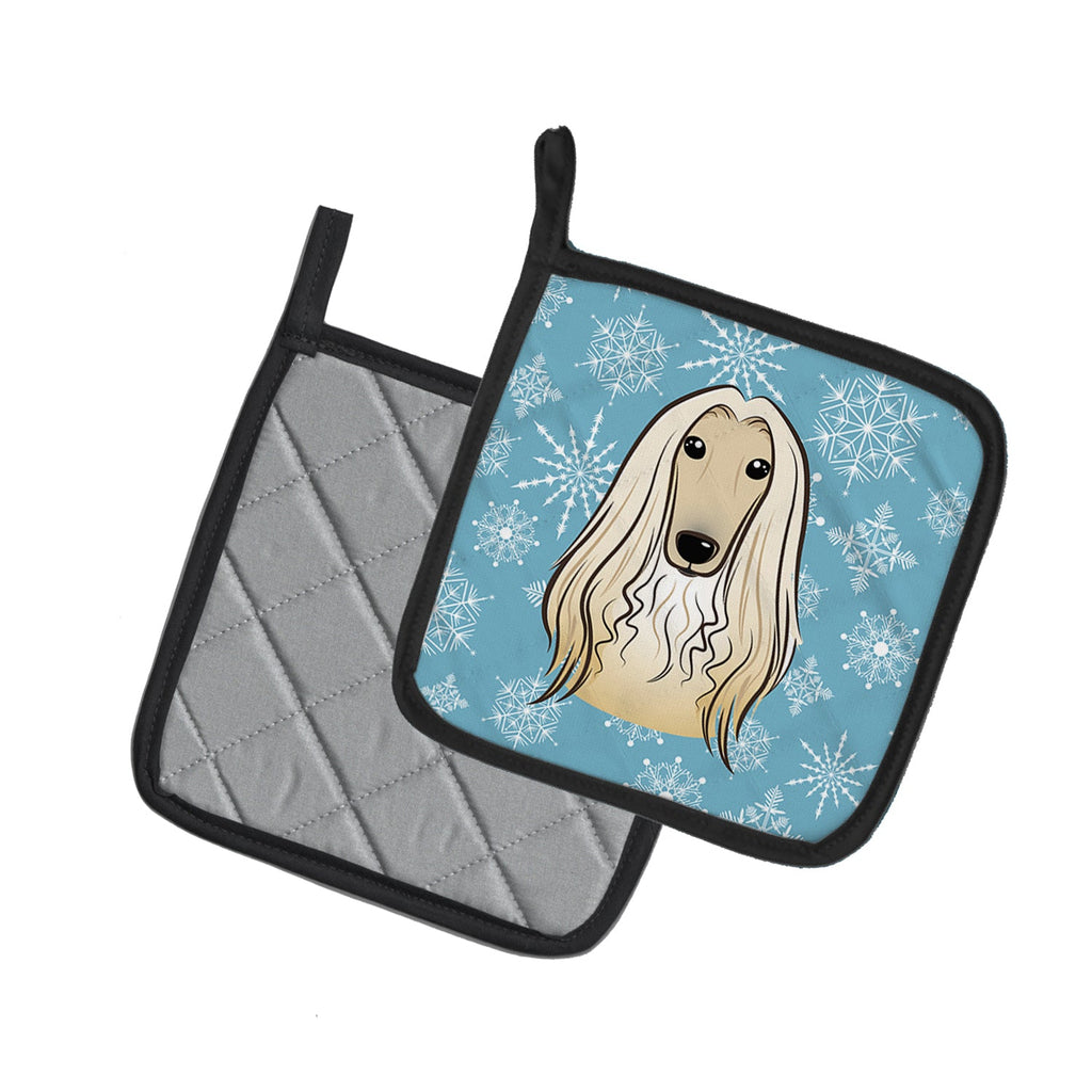 Snowflake Afghan Hound Pot Holder Set of 2 Heat Resistant Quilted Hot Pads 7.5 x 7.5 Inch, Insulated Kitchen Trivets for Cooking & Baking