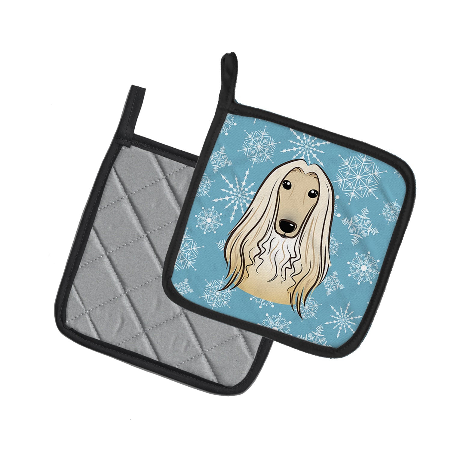 Snowflake Afghan Hound Pot Holder Set of 2 Heat Resistant Quilted Hot Pads 7.5 x 7.5 Inch, Insulated Kitchen Trivets for Cooking & Baking