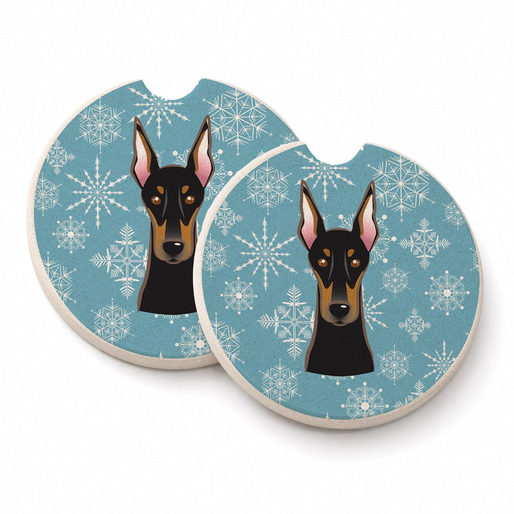 Snowflake Doberman Set of 2 Cup Holder Car Coasters Absorbent Round Sandstone Coasters Gifts for Men or Women, 2.5, Multicolor
