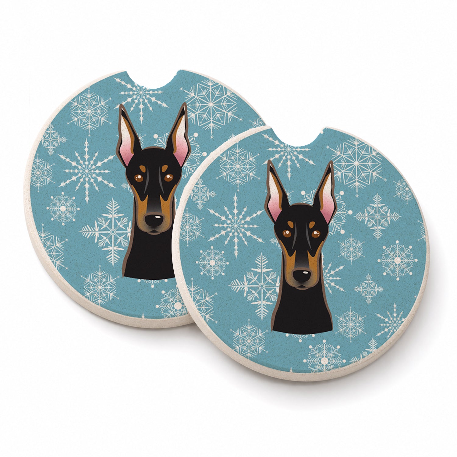 Snowflake Doberman Set of 2 Cup Holder Car Coasters Absorbent Round Sandstone Coasters Gifts for Men or Women, 2.5, Multicolor