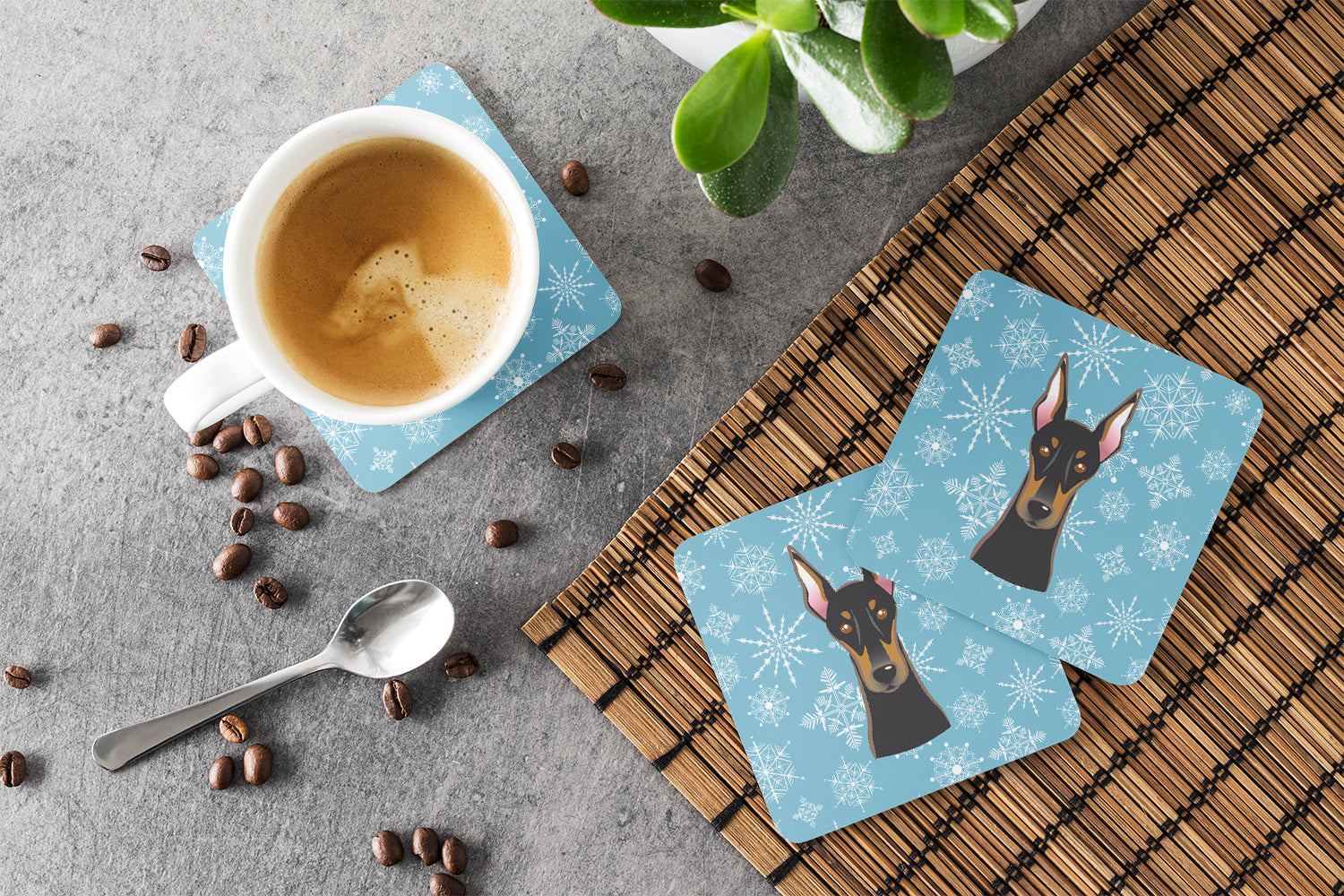 Snowflake Doberman Foam Coasters Set of 4 Cup Coasters for Indoor Outdoor, Tabletop Protection, Anti Slip, Mouse pad Material