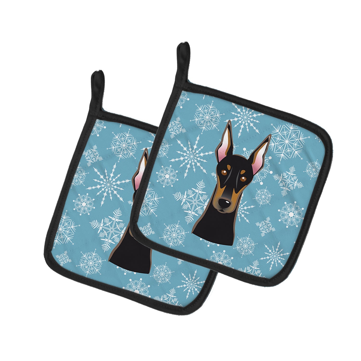 Snowflake Doberman Pot Holder Set of 2 Heat Resistant Quilted Hot Pads 7.5 x 7.5 Inch, Insulated Kitchen Trivets for Cooking & Baking