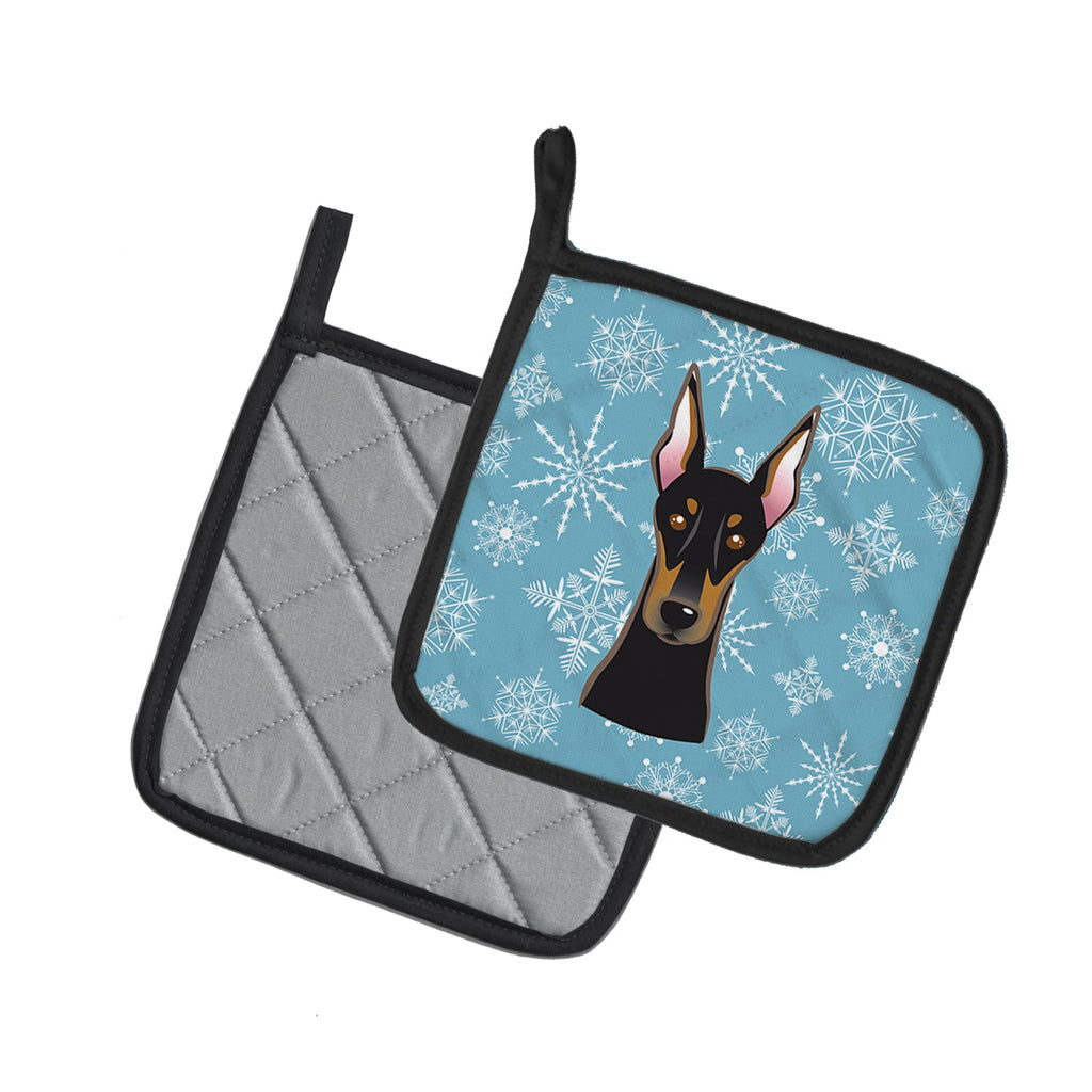 Snowflake Doberman Pot Holder Set of 2 Heat Resistant Quilted Hot Pads 7.5 x 7.5 Inch, Insulated Kitchen Trivets for Cooking & Baking