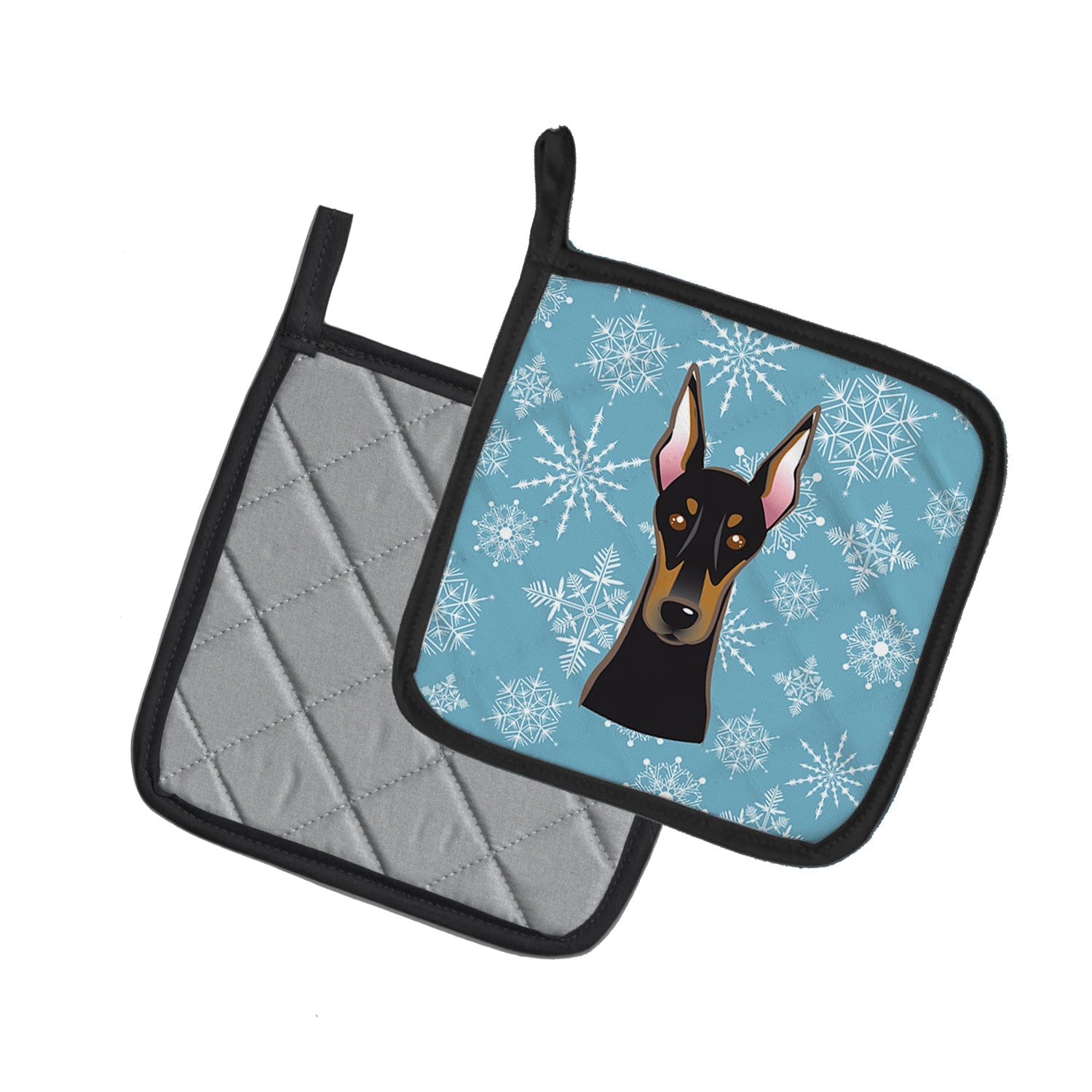 Snowflake Doberman Pot Holder Set of 2 Heat Resistant Quilted Hot Pads 7.5 x 7.5 Inch, Insulated Kitchen Trivets for Cooking & Baking