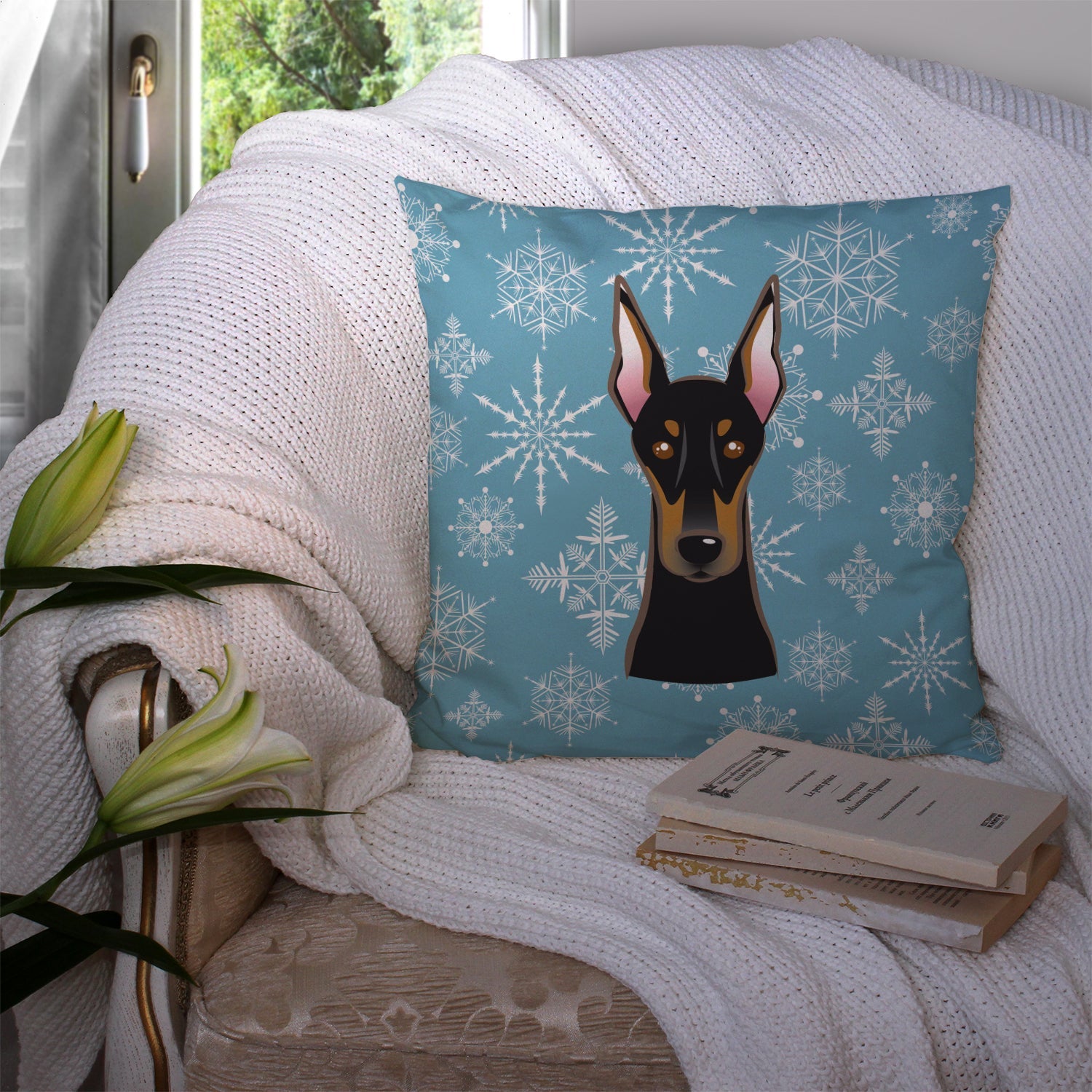 Snowflake Doberman Decorative Throw Pillow 14x14 Indoor Outdoor Accent Cushion, Fabric Cover with Insert for Sofa, Bed, Porch & Living Room