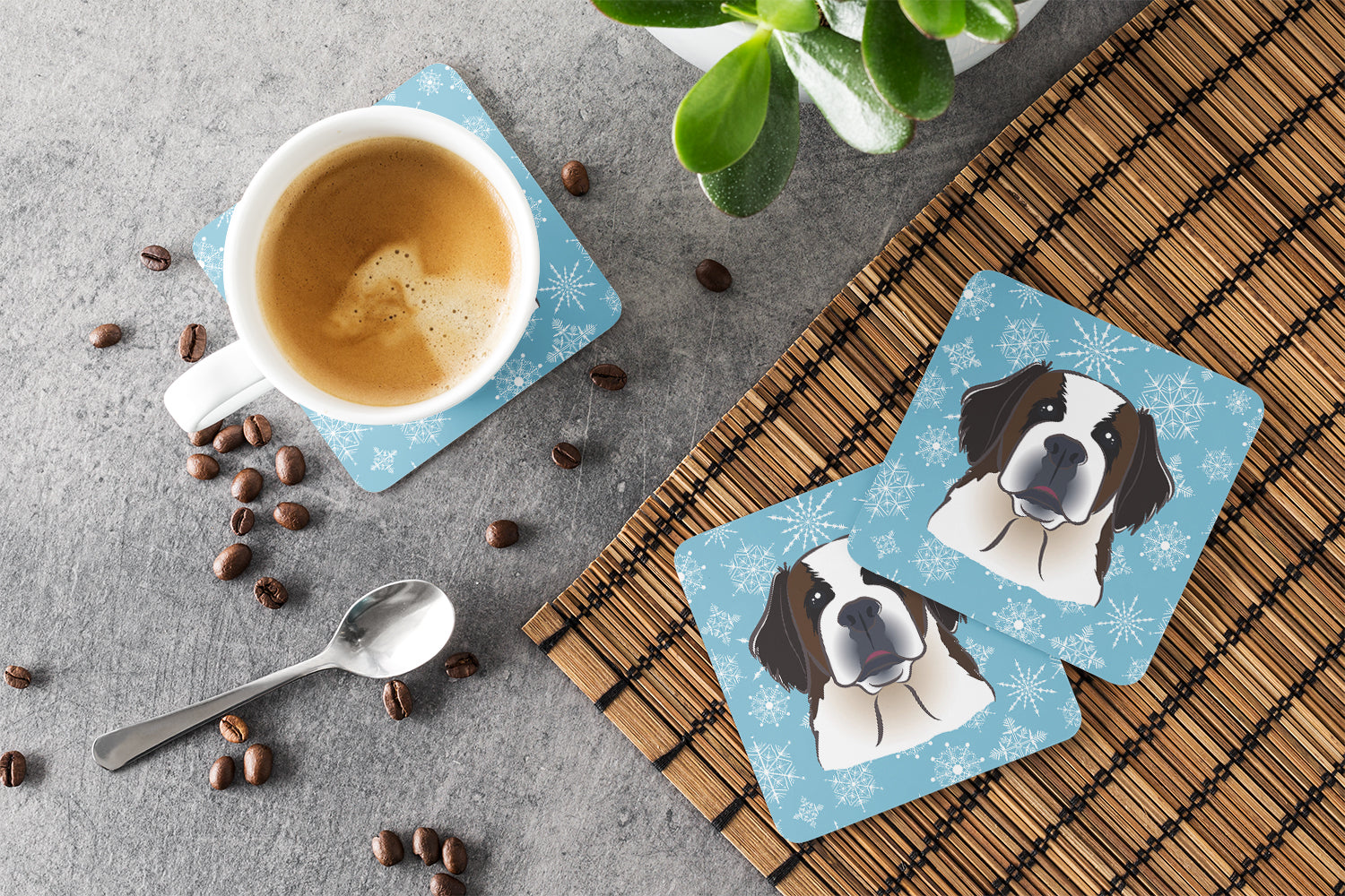 Snowflake Saint Bernard Foam Coasters Set of 4 Cup Coasters for Indoor Outdoor, Tabletop Protection, Anti Slip, Mouse pad Material