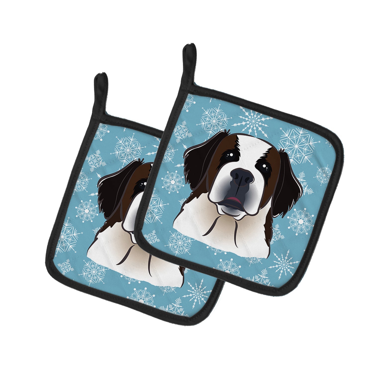 Snowflake Saint Bernard Pot Holder Set of 2 Heat Resistant Quilted Hot Pads 7.5 x 7.5 Inch, Insulated Kitchen Trivets for Cooking & Baking