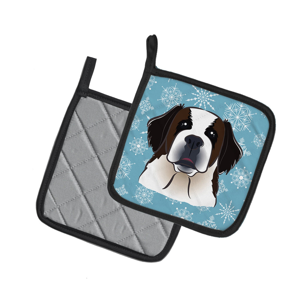 Snowflake Saint Bernard Pot Holder Set of 2 Heat Resistant Quilted Hot Pads 7.5 x 7.5 Inch, Insulated Kitchen Trivets for Cooking & Baking