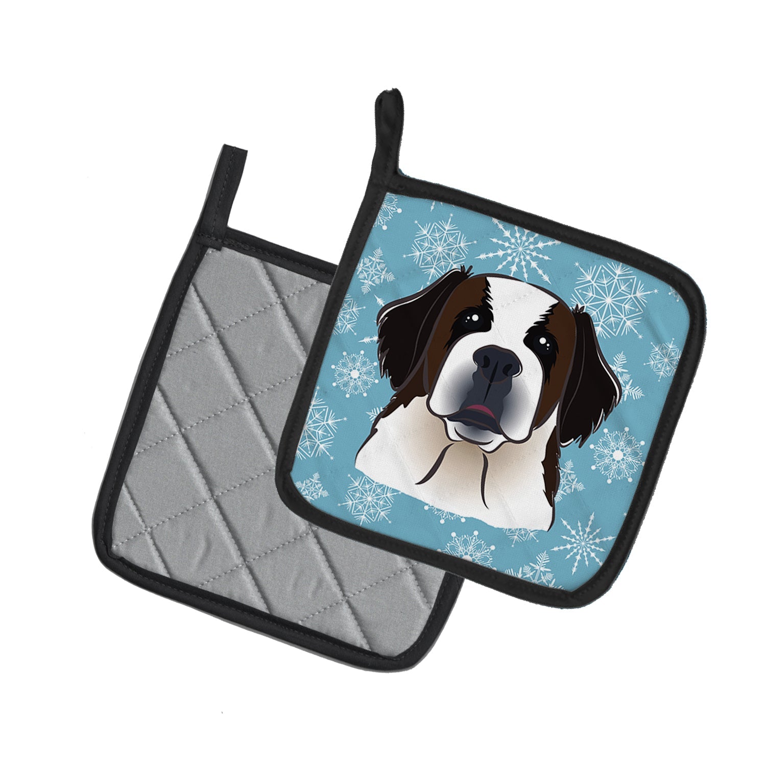 Snowflake Saint Bernard Pot Holder Set of 2 Heat Resistant Quilted Hot Pads 7.5 x 7.5 Inch, Insulated Kitchen Trivets for Cooking & Baking