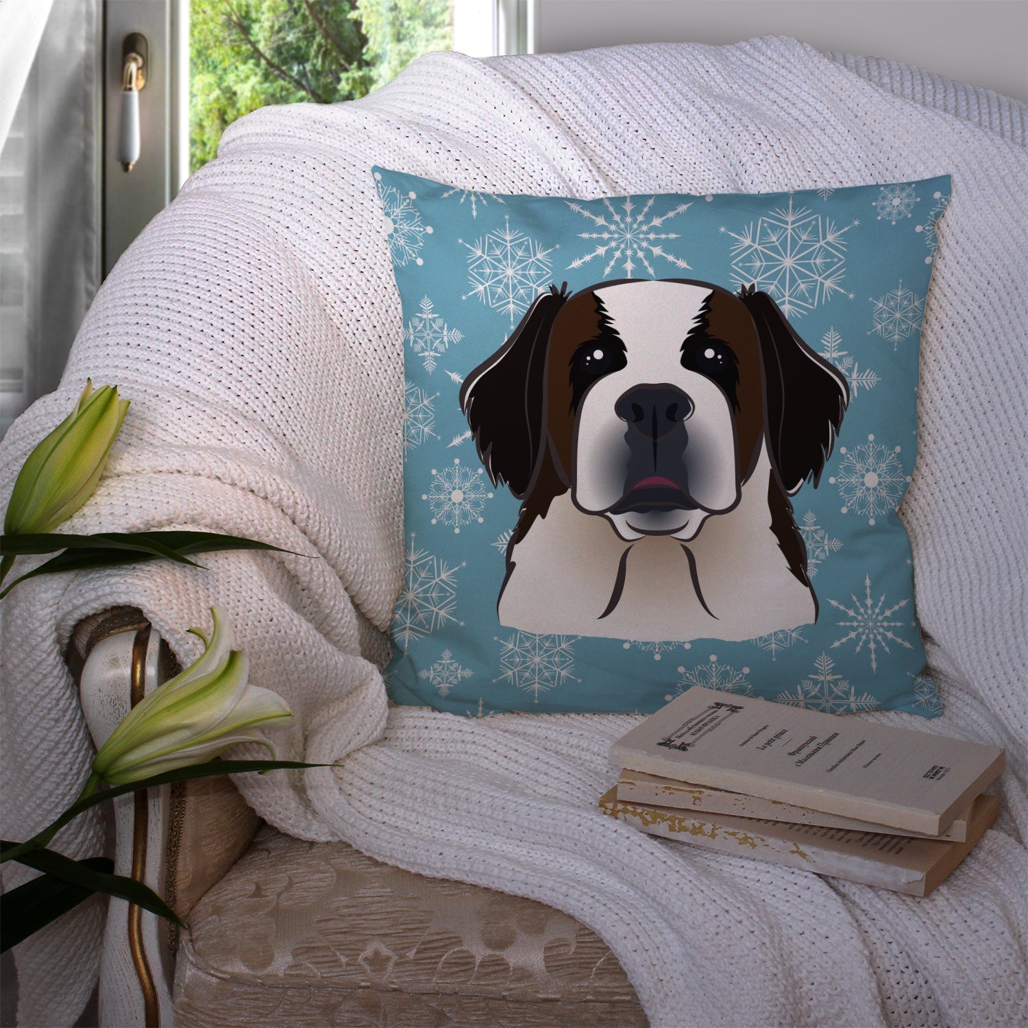 Snowflake Saint Bernard Decorative Throw Pillow 14x14 Indoor Outdoor Accent Cushion, Fabric Cover with Insert for Sofa, Bed, Porch & Living Room