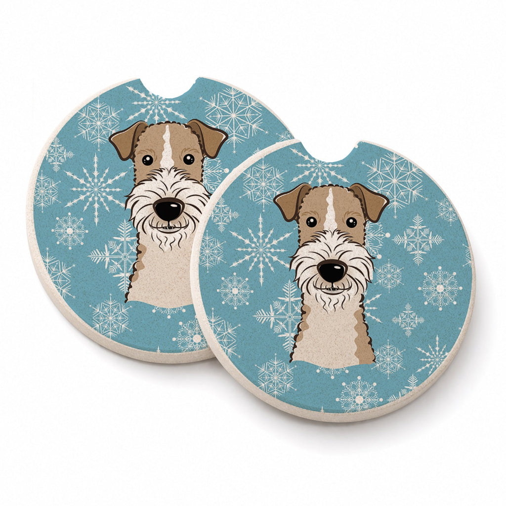 Snowflake Wire Haired Fox Terrier Set of 2 Cup Holder Car Coasters Absorbent Round Sandstone Coasters Gifts for Men or Women, 2.5, Multicolor