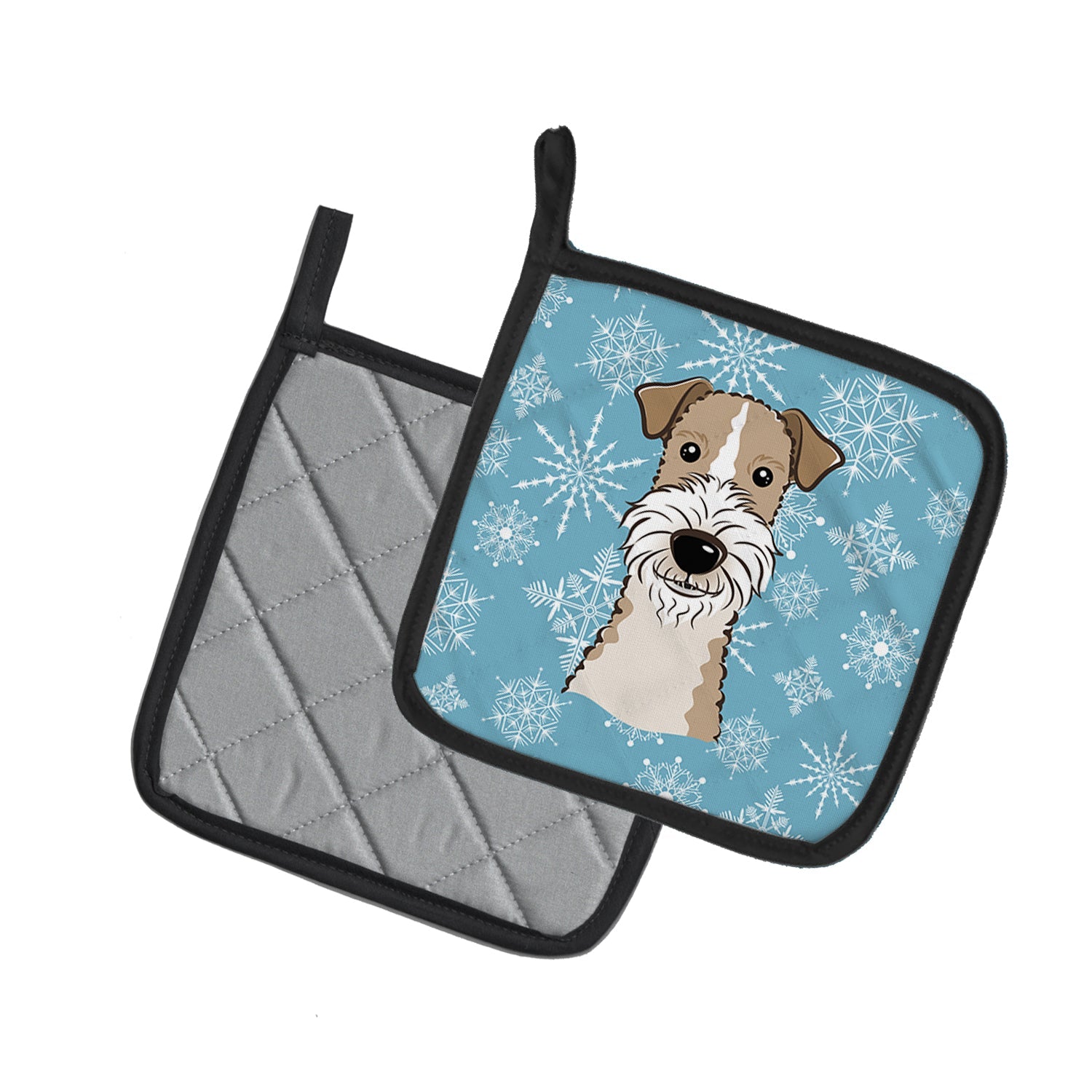 Snowflake Wire Haired Fox Terrier Pot Holder Set of 2 Heat Resistant Quilted Hot Pads 7.5 x 7.5 Inch, Insulated Kitchen Trivets for Cooking & Baking