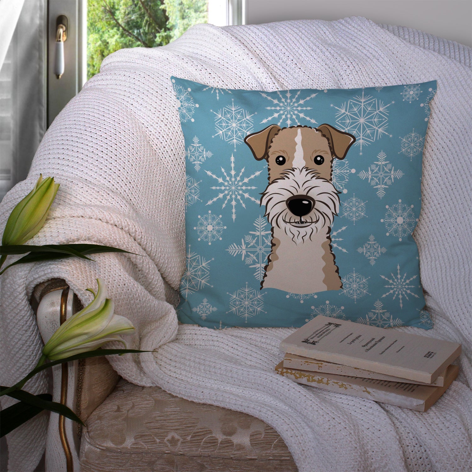 Snowflake Wire Haired Fox Terrier Decorative Throw Pillow 14x14 Indoor Outdoor Accent Cushion, Fabric Cover with Insert for Sofa, Bed, Porch & Living Room