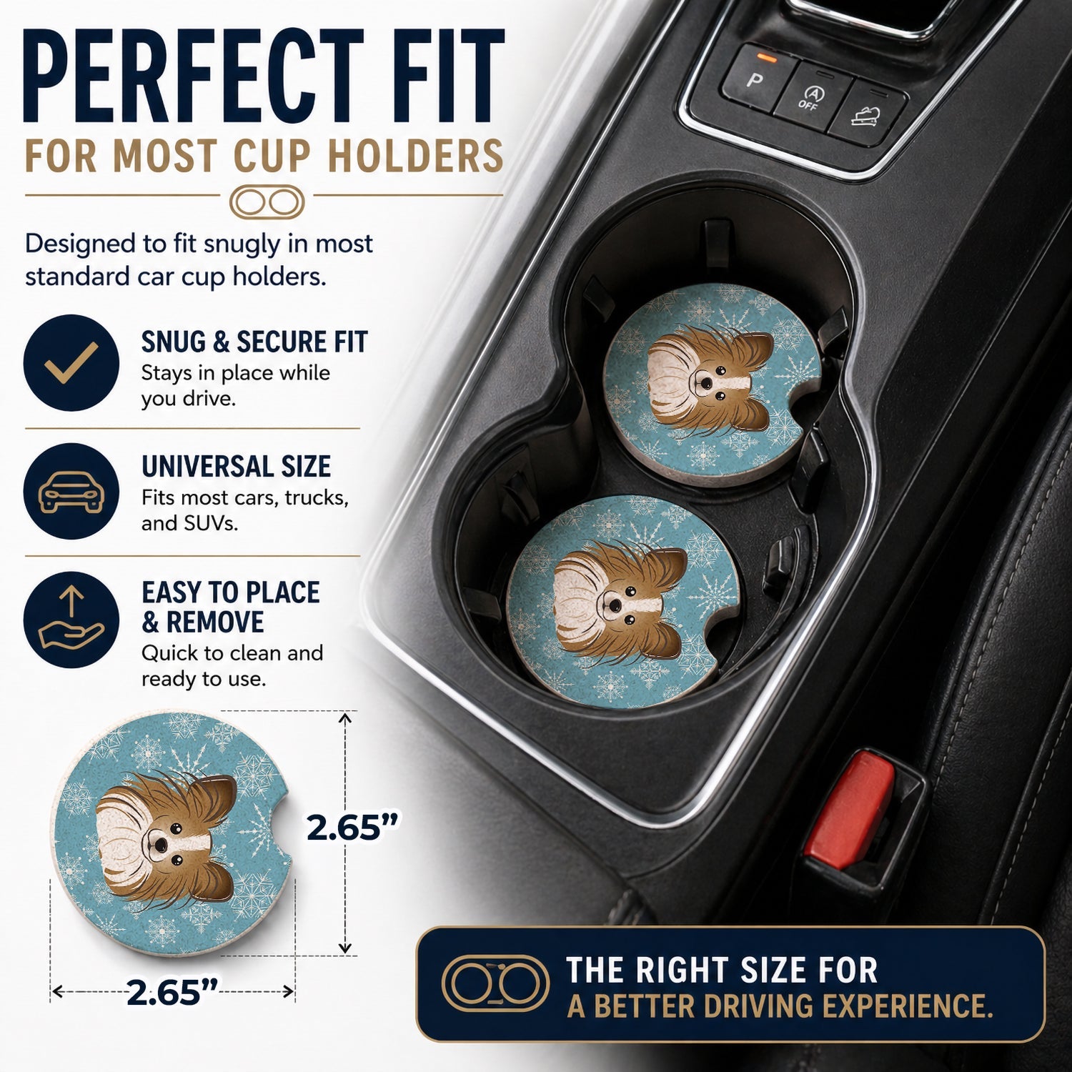 Snowflake Papillon Set of 2 Cup Holder Car Coasters Absorbent Round Sandstone Coasters Gifts for Men or Women, 2.5, Multicolor
