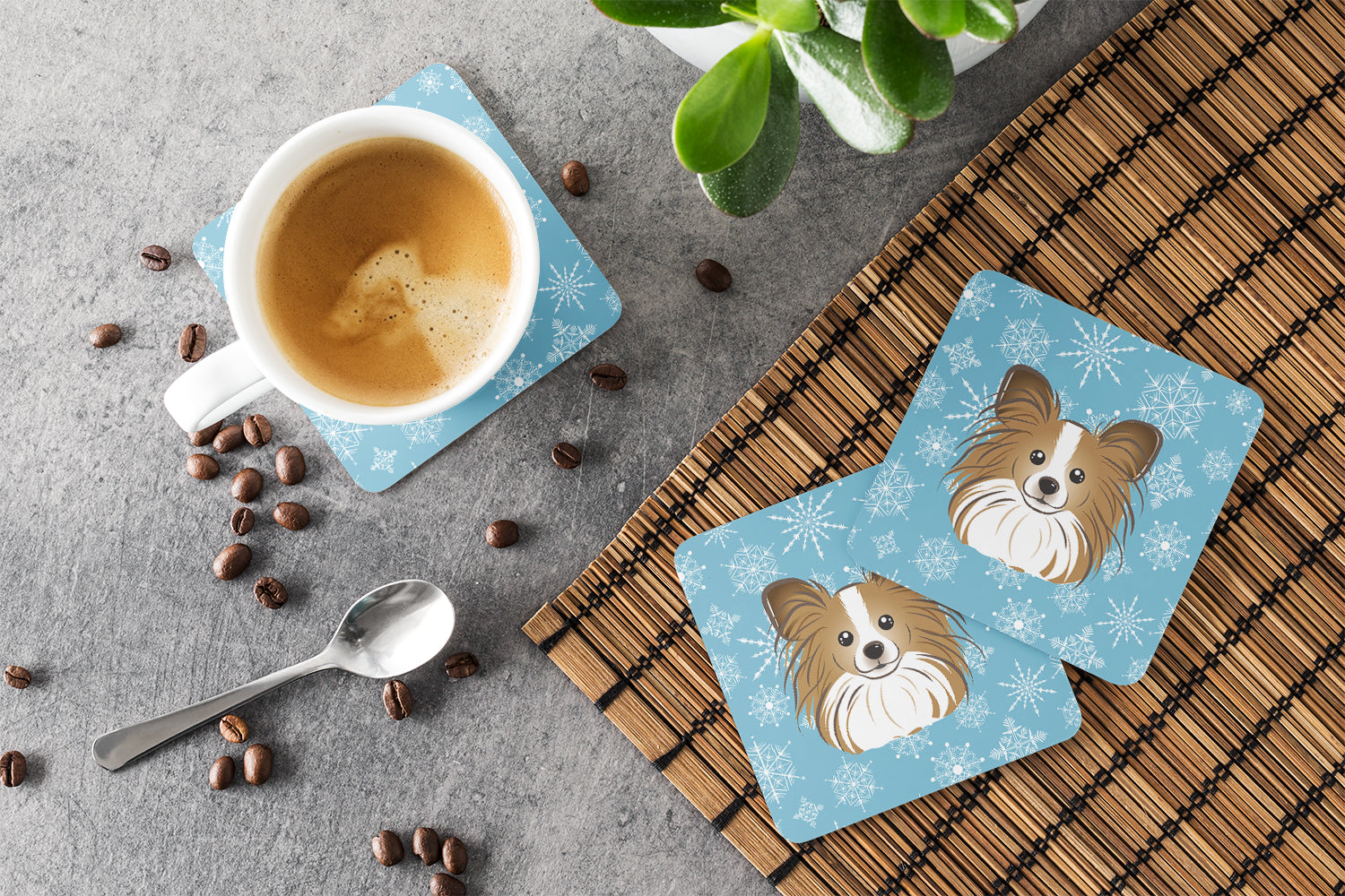 Snowflake Papillon Foam Coasters Set of 4 Cup Coasters for Indoor Outdoor, Tabletop Protection, Anti Slip, Mouse pad Material