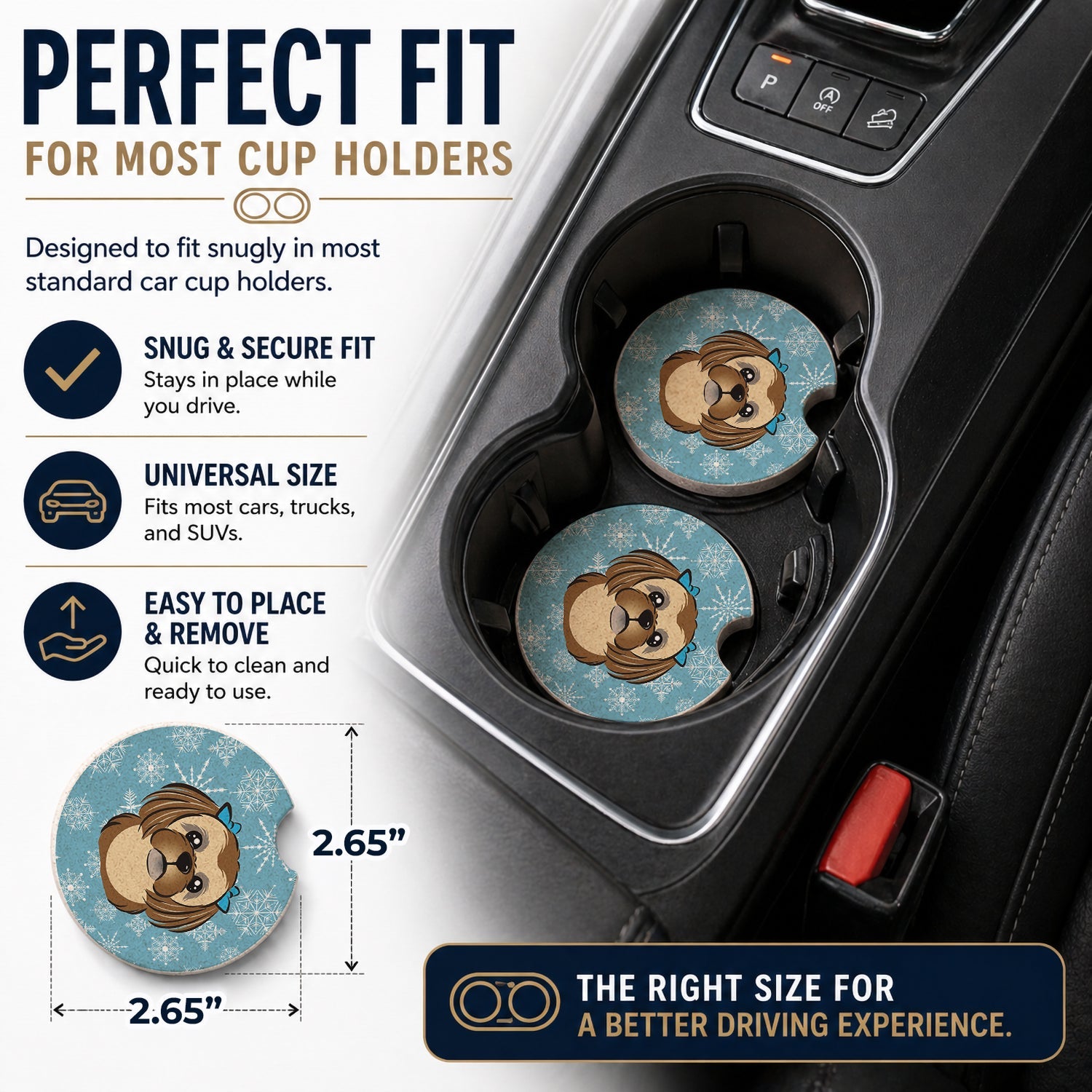 Snowflake Chocolate Brown Shih Tzu Set of 2 Cup Holder Car Coasters Absorbent Round Sandstone Coasters Gifts for Men or Women, 2.5, Multicolor