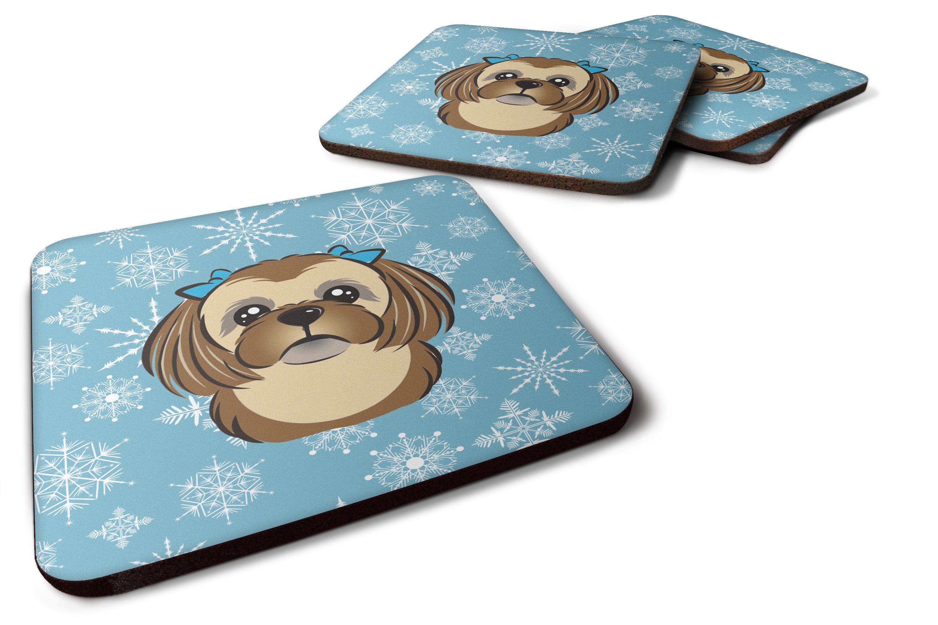 Snowflake Chocolate Brown Shih Tzu Foam Coasters Set of 4 Cup Coasters for Indoor Outdoor, Tabletop Protection, Anti Slip, Mouse pad Material