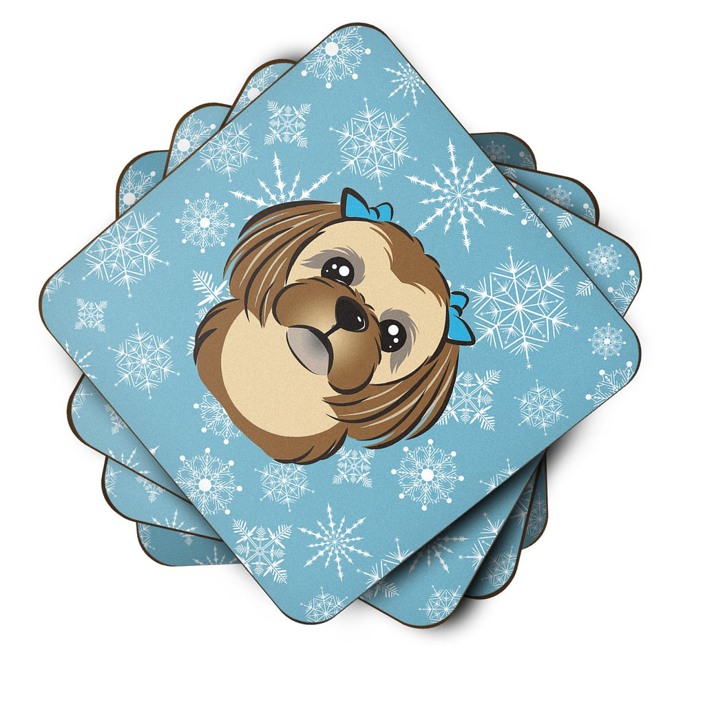 Snowflake Chocolate Brown Shih Tzu Foam Coasters Set of 4 Cup Coasters for Indoor Outdoor, Tabletop Protection, Anti Slip, Mouse pad Material