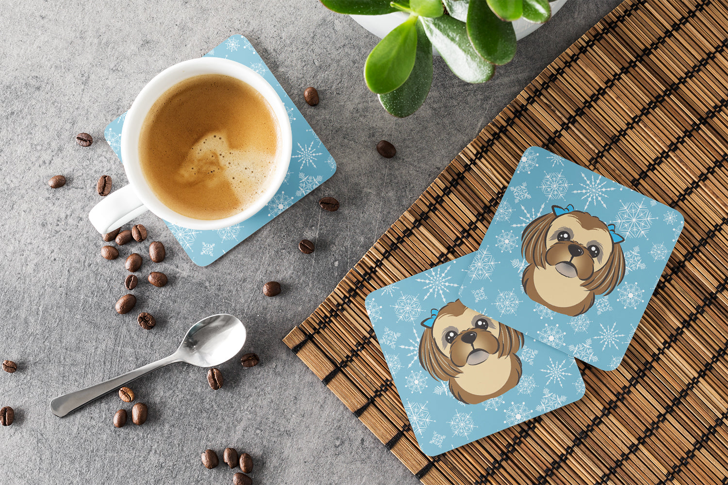 Snowflake Chocolate Brown Shih Tzu Foam Coasters Set of 4 Cup Coasters for Indoor Outdoor, Tabletop Protection, Anti Slip, Mouse pad Material