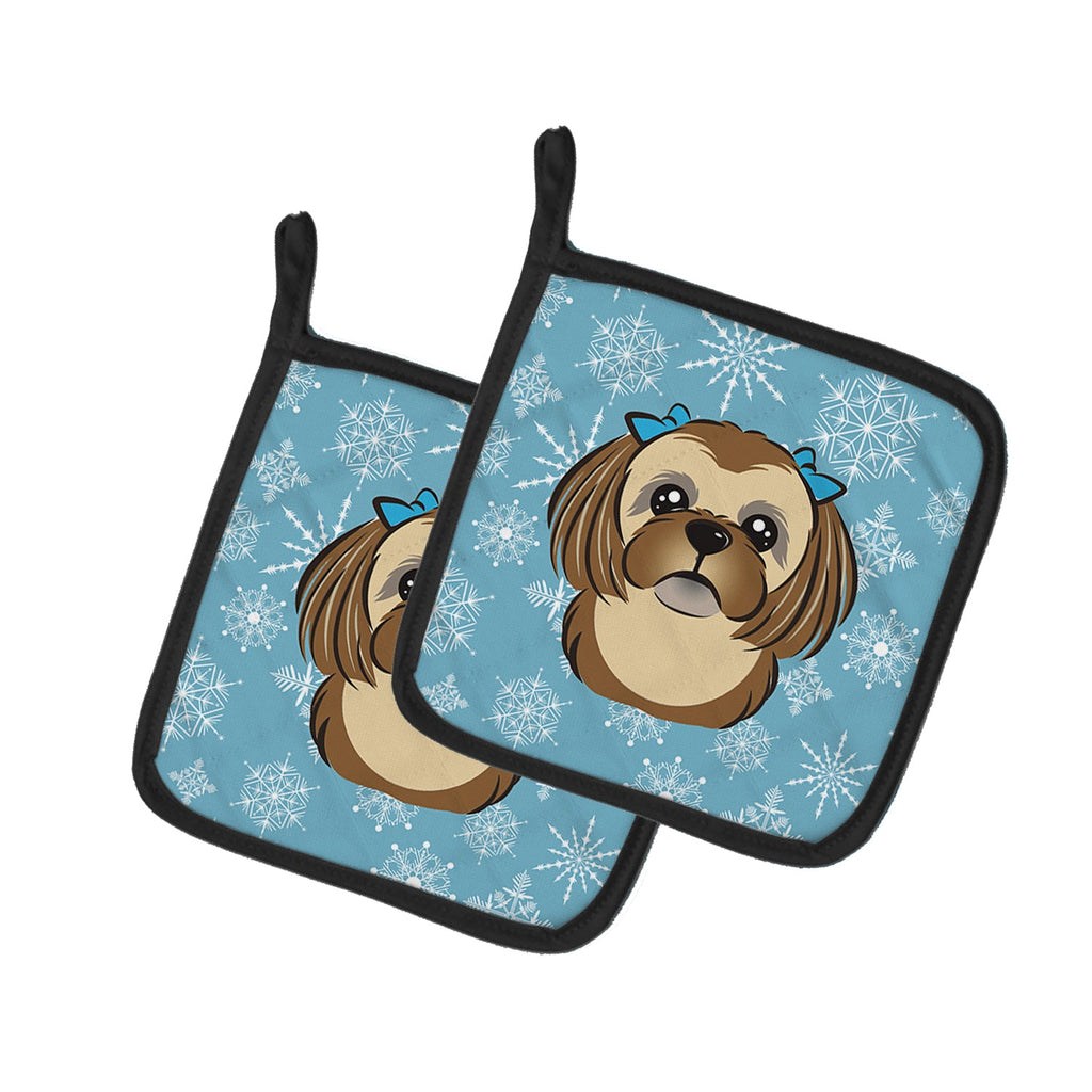 Snowflake Chocolate Brown Shih Tzu Pot Holder Set of 2 Heat Resistant Quilted Hot Pads 7.5 x 7.5 Inch, Insulated Kitchen Trivets for Cooking & Baking